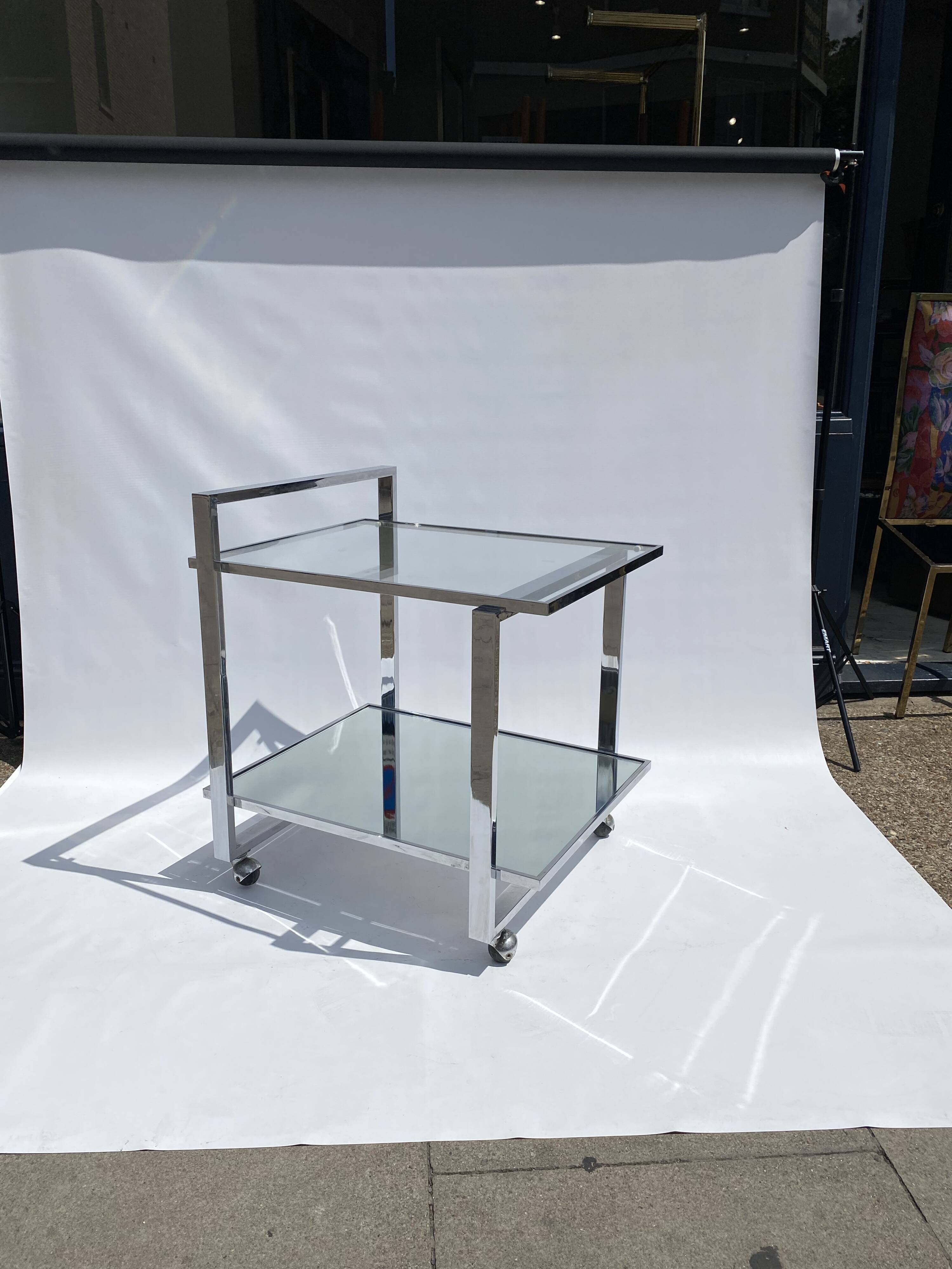 Romeo Rega Chrome 1970s Square Drinks Bar Cart Trolley Table Glass Mirror