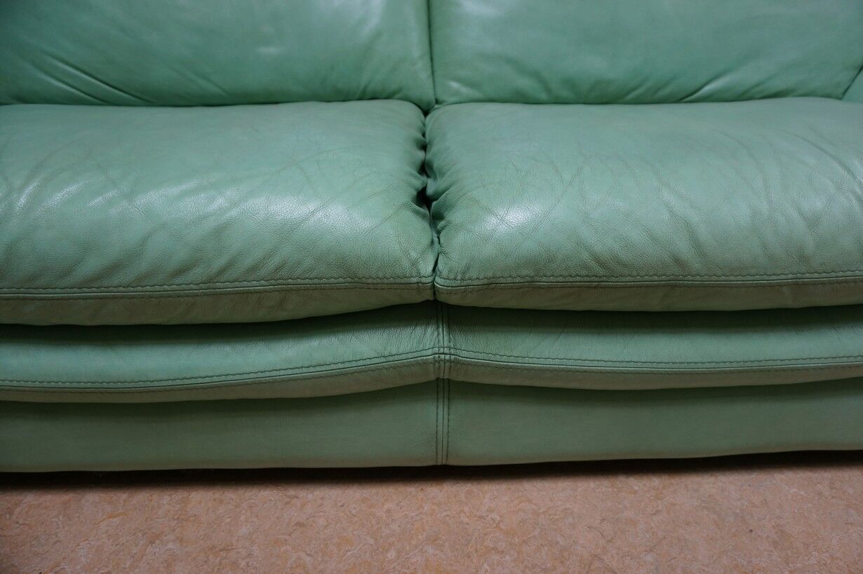 Vintage mint green leather sofa, 3-seater, 1970s