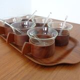 Swedish teak tray with tea cups by Jie Gantofta, 1960s, set of 7.