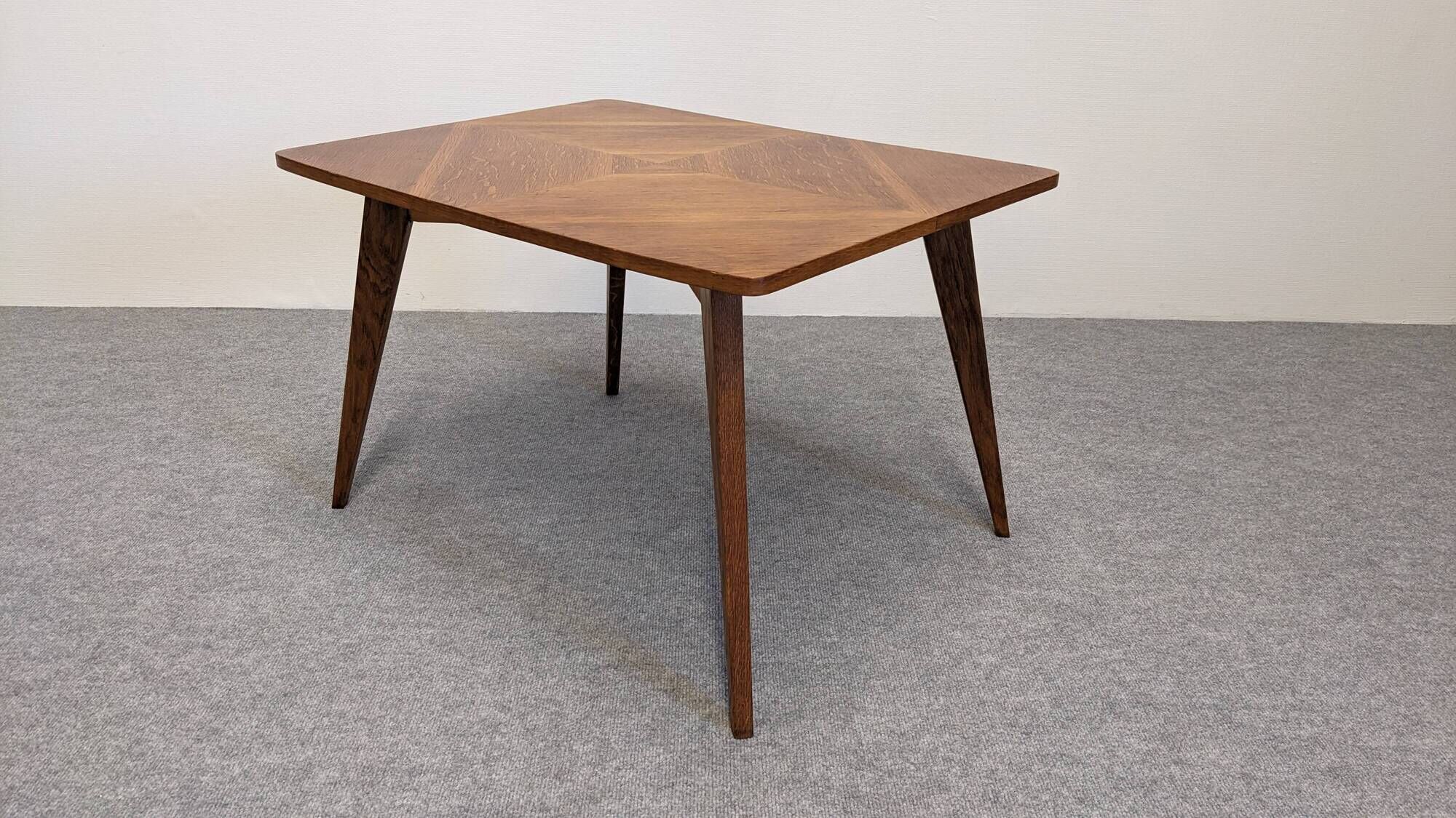 Modernist coffee or side table in oak marquetry, France 1960.