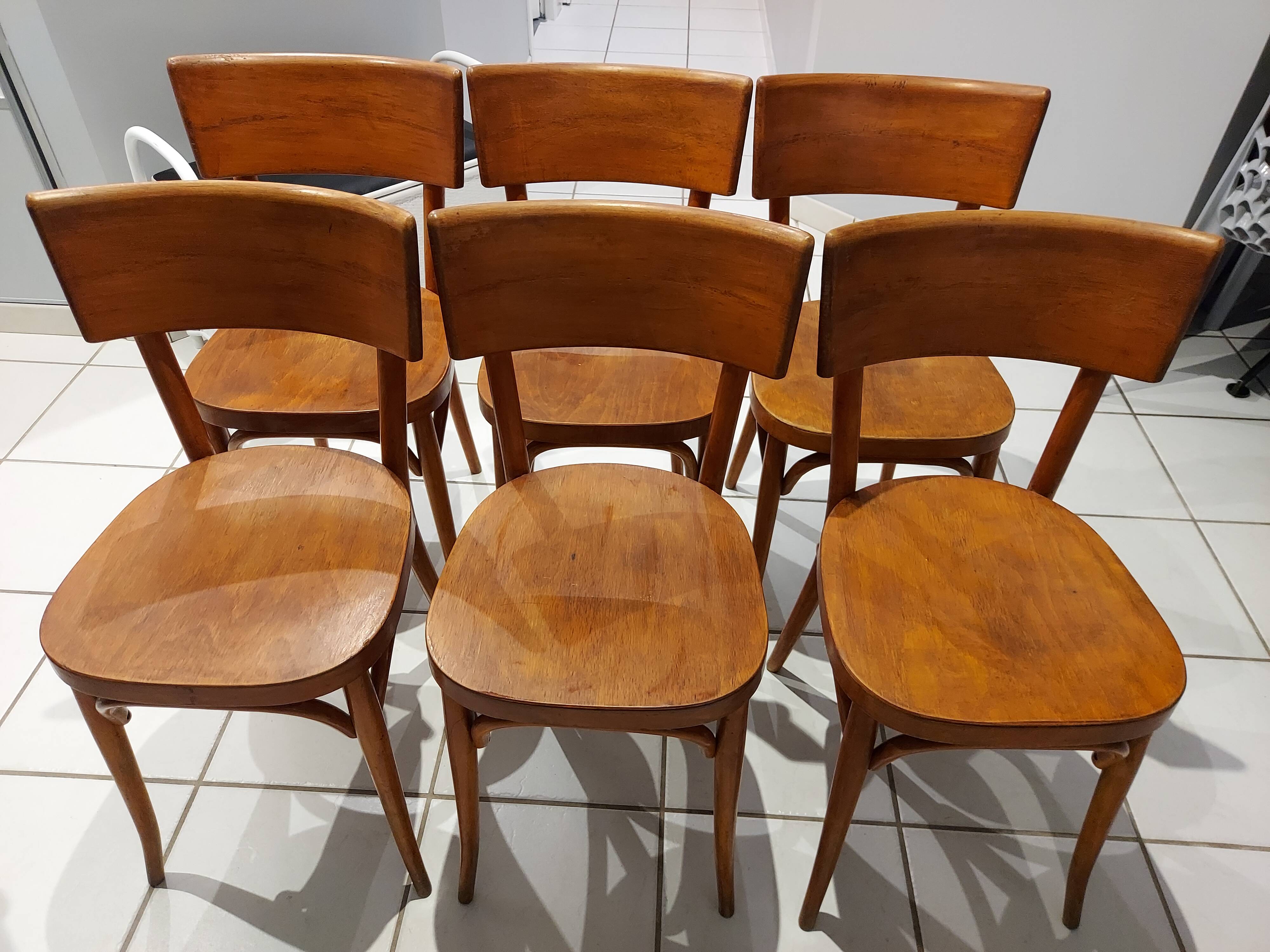 Suite of 6 chairs by bistrot baumann in the 1950s