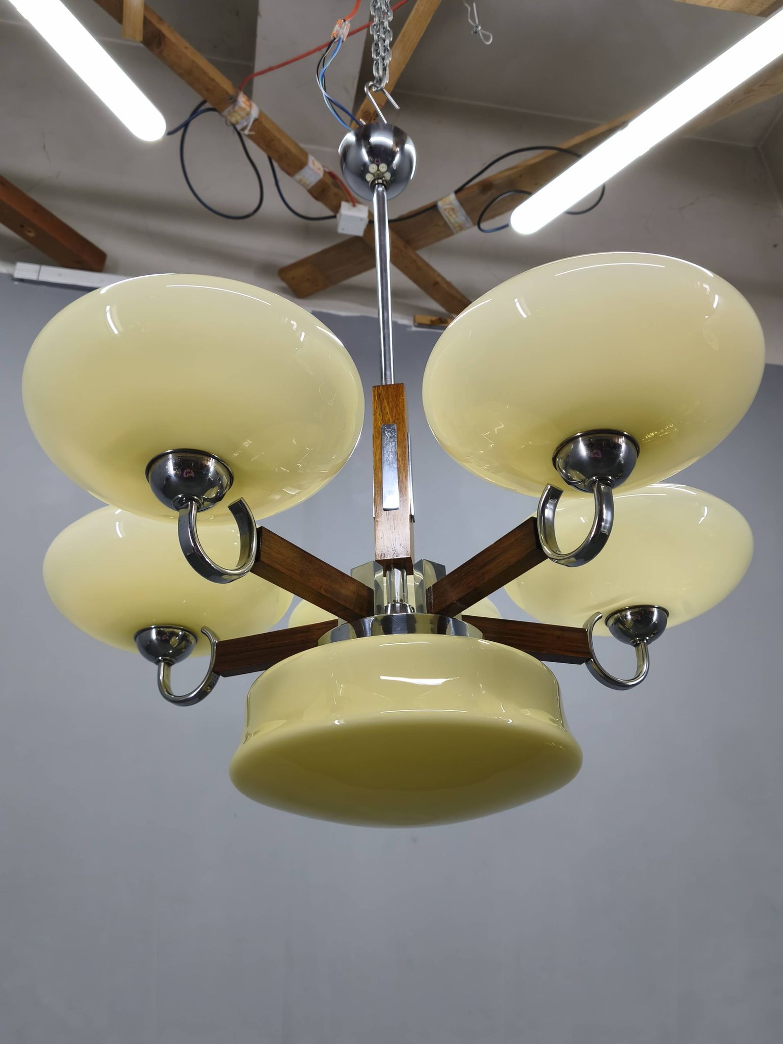 Art Deco Chrome and Walnut Chandelier, Czechoslovakia, 1930s
