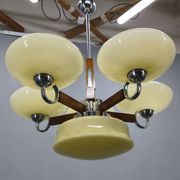Art Deco Chrome and Walnut Chandelier, Czechoslovakia, 1930s
