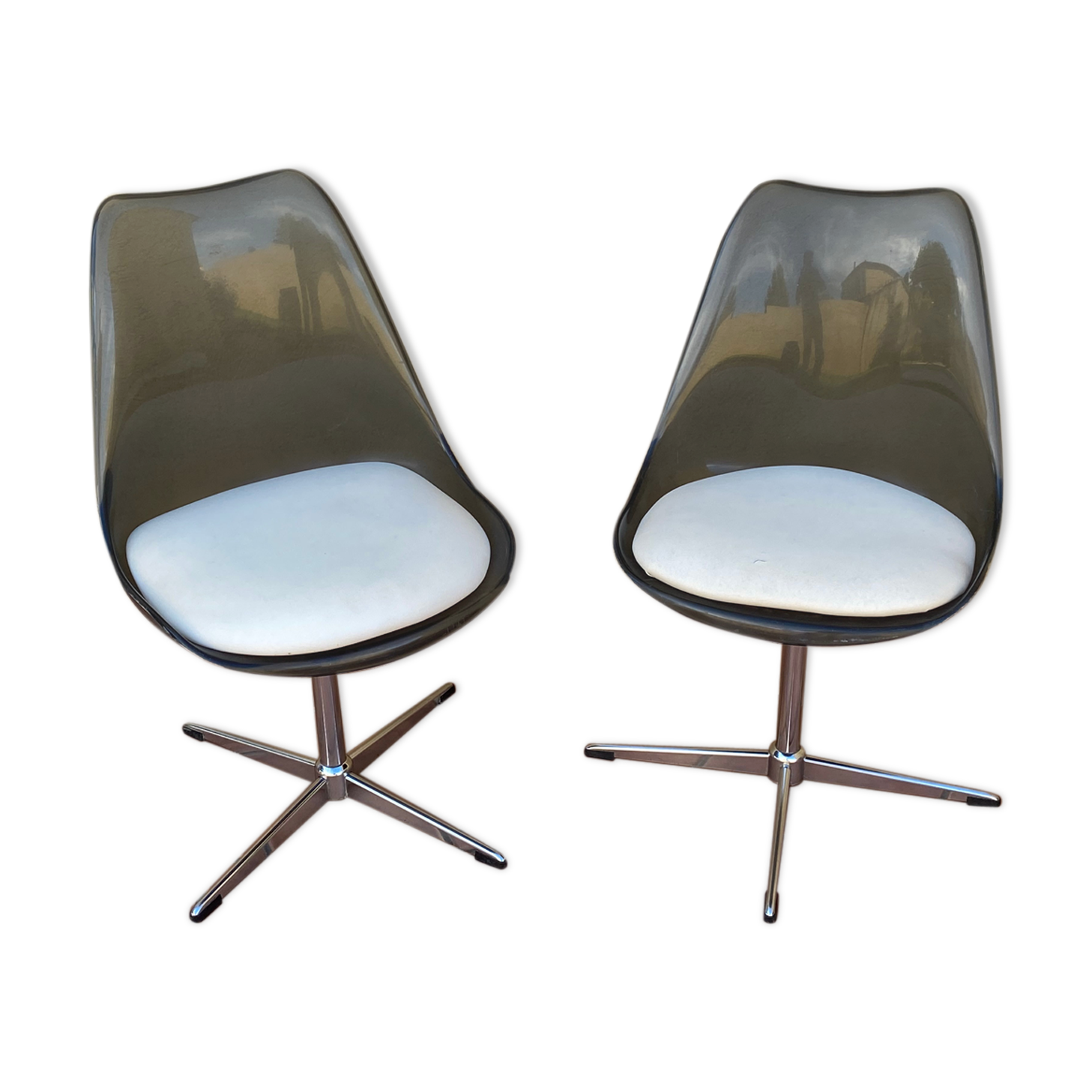 Pair of plexiglass shell and chrome steel chairs 1970.