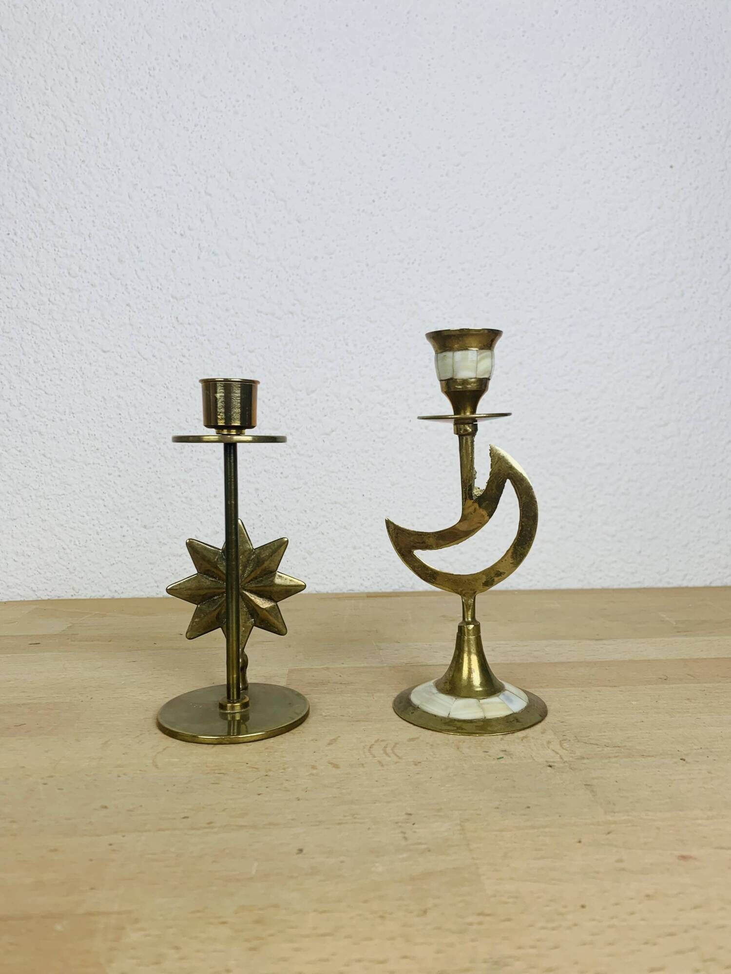 Pair of mother-of-pearl brass candlesticks with moon and sun