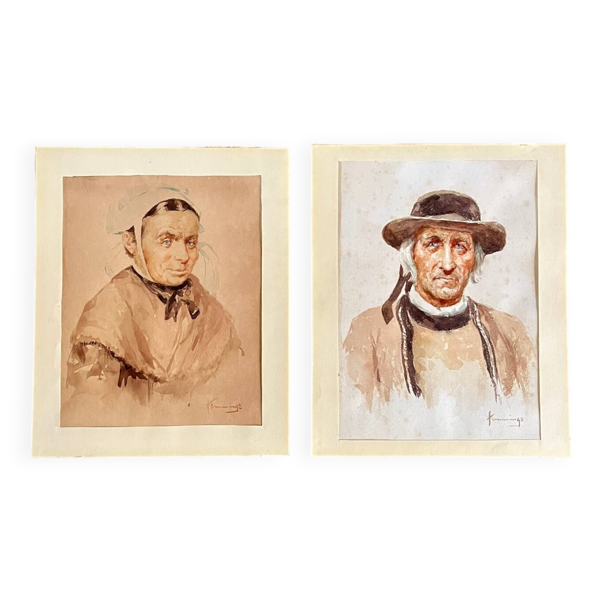 2 watercolor portraits painting signed Robert Hemmings