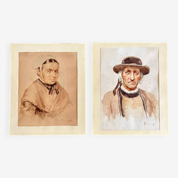 2 portraits aquarelle tableau signé Robert Hemmings