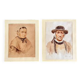 2 watercolor portraits painting signed Robert Hemmings