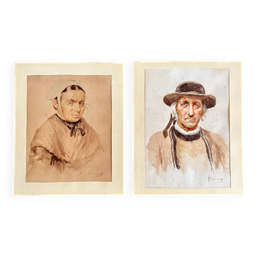 2 watercolour portraits painting signed Robert Hemmings