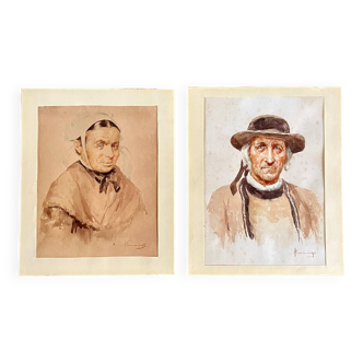 2 portraits aquarelle tableau signé Robert Hemmings