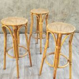 Set of 3 vintage rattan and bamboo stools