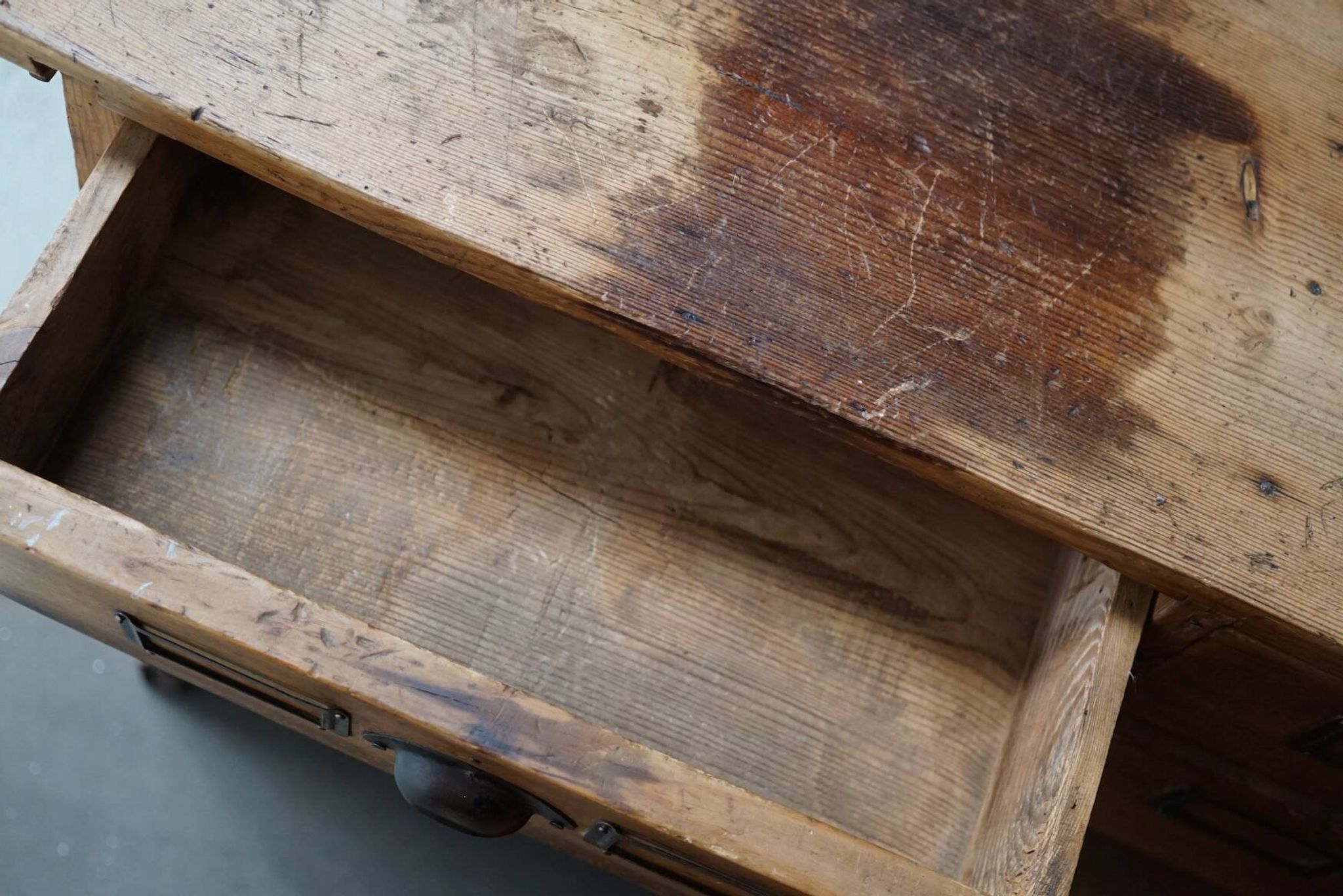 Vintage rustic German pine apothecary cabinet / shop counter, 1930s