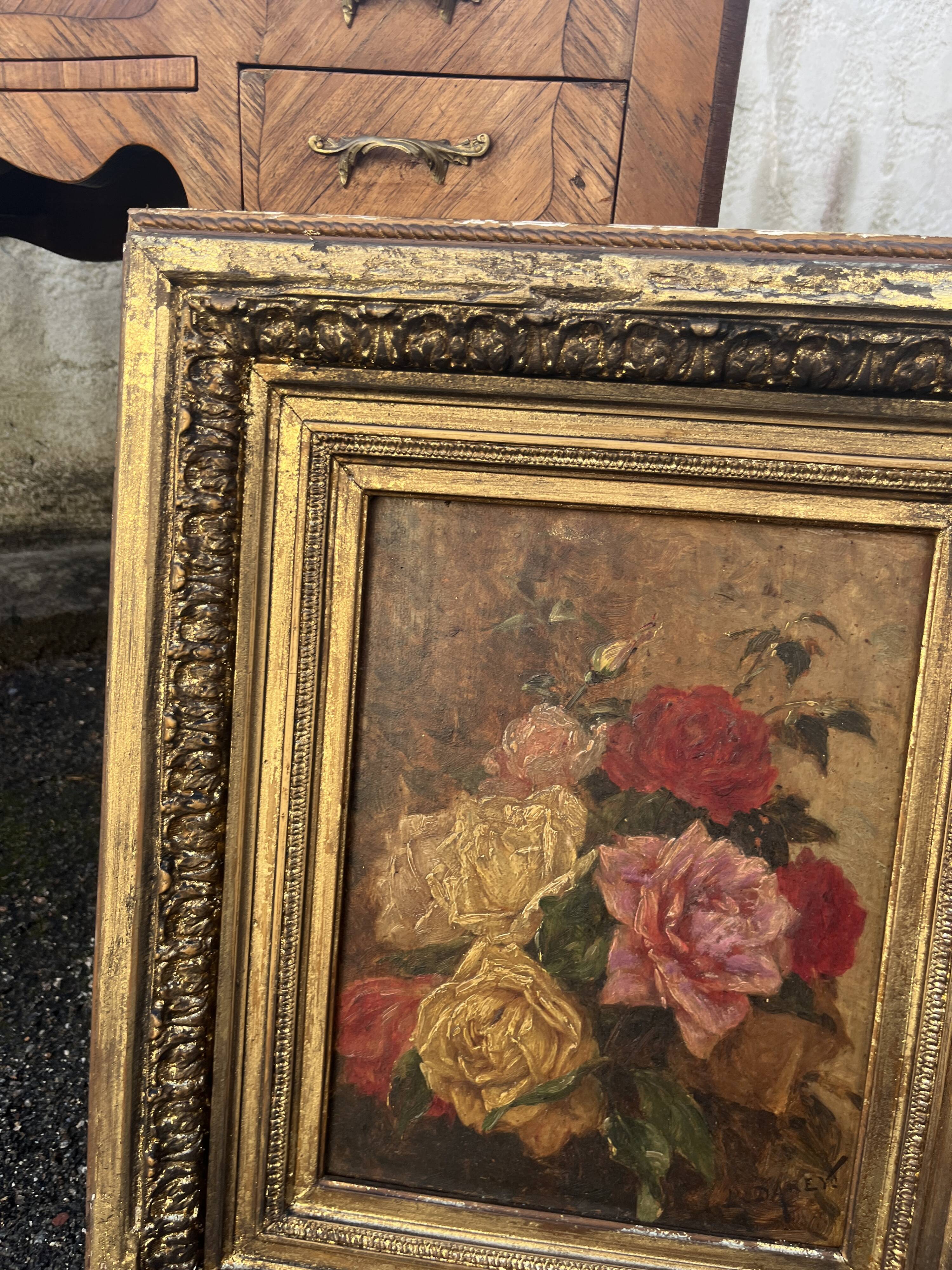 Antique Table XIX – Bouquet of Roses – Oil – Sculpted Gilded Frame