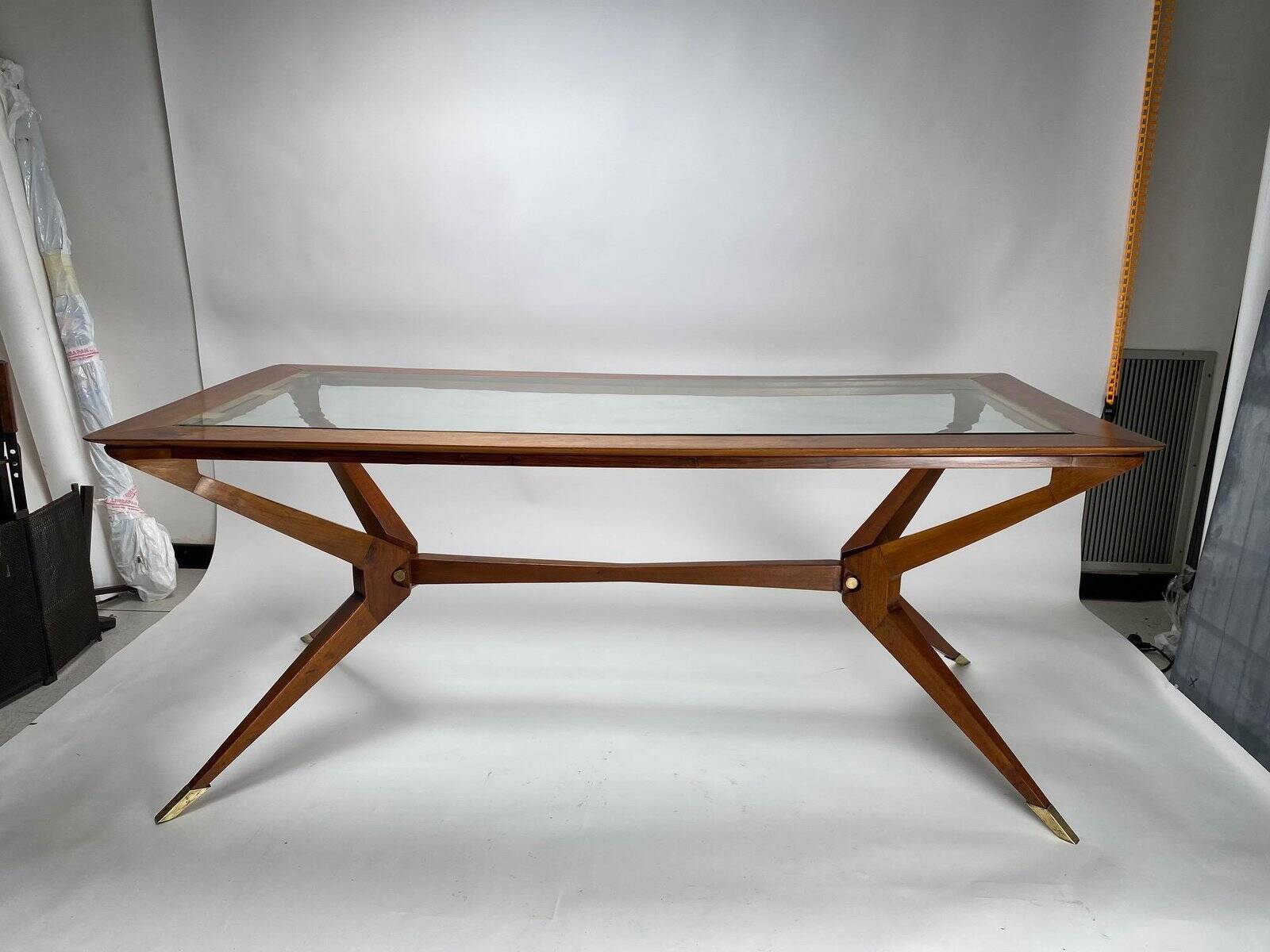 Vintage Italian Table in Wood and Brass by Turin School, 1950s