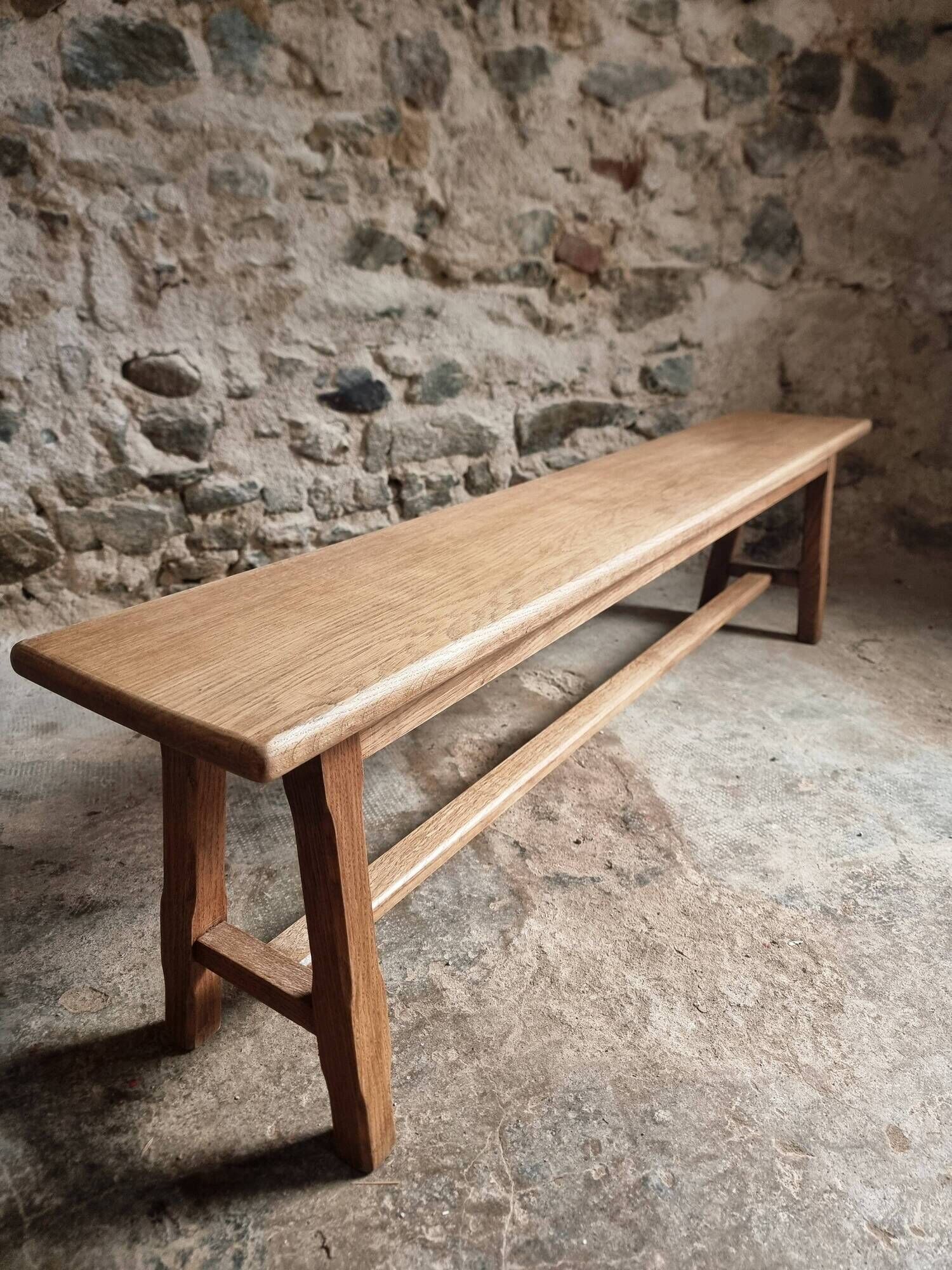 Vintage oak bench, solid wood dining bench, rustic farmhouse bench, French country style, circa 1950–1965.
