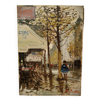 oil painting on canvas overview of Paris signed G. Beltrami, 1960s