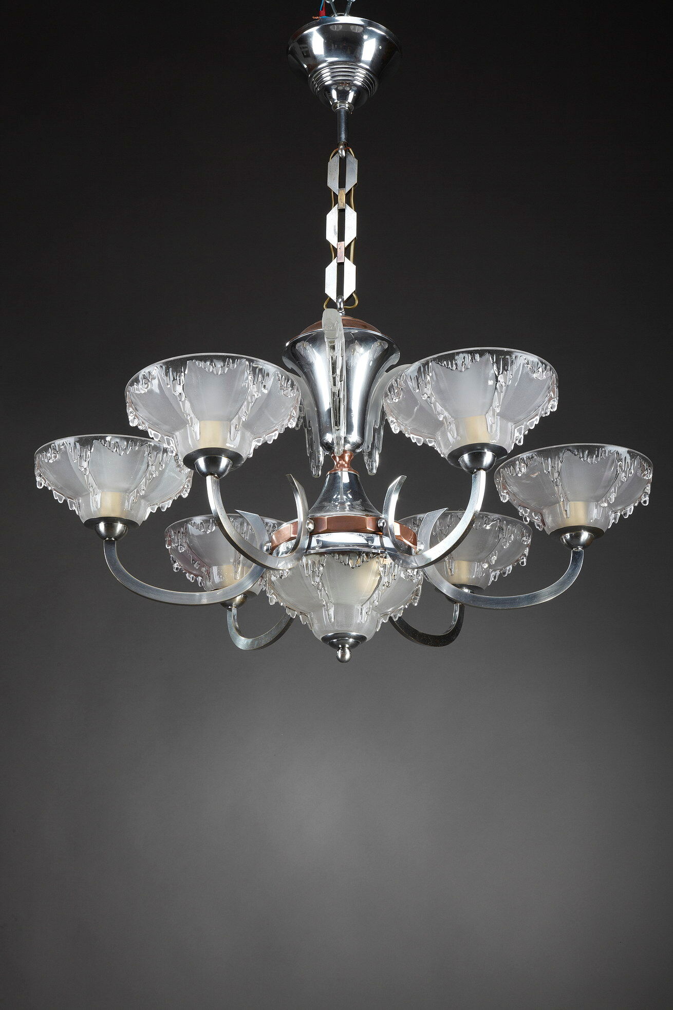 Art Deco chandelier in nickel-plated metal and copper