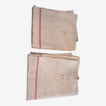 Set of 2 hemp tea towels .19th. Red stripes