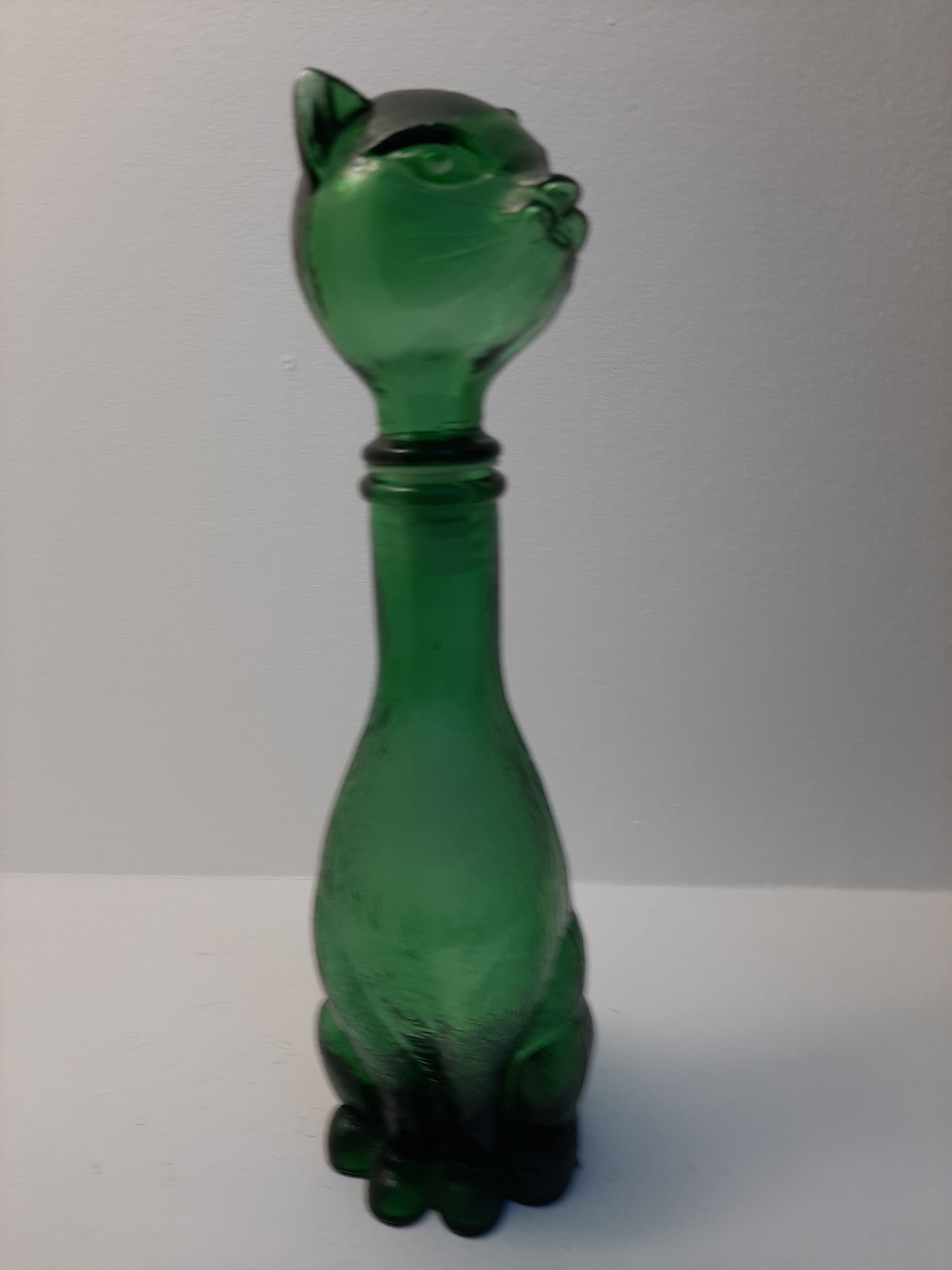 Glass bottle representing a cat , Empoli Italy 60s