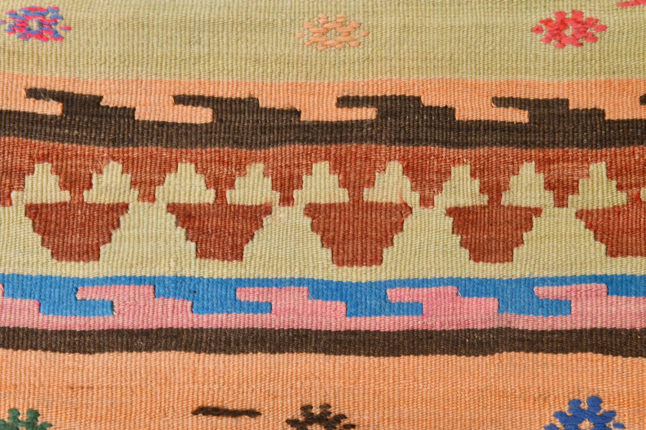 4x13 Beige & Orange Kilim Runner Rug, Wool Runner Rug, Stair Rug, 121x395Cm