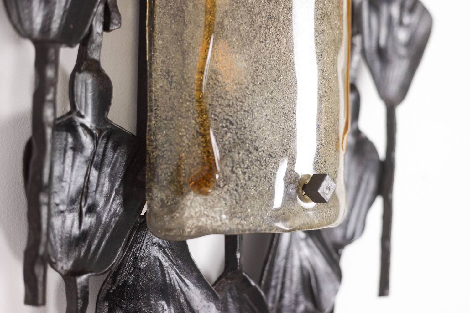 Mazzega. Pair of Brutalist wall lights in glass and iron. 1950s.