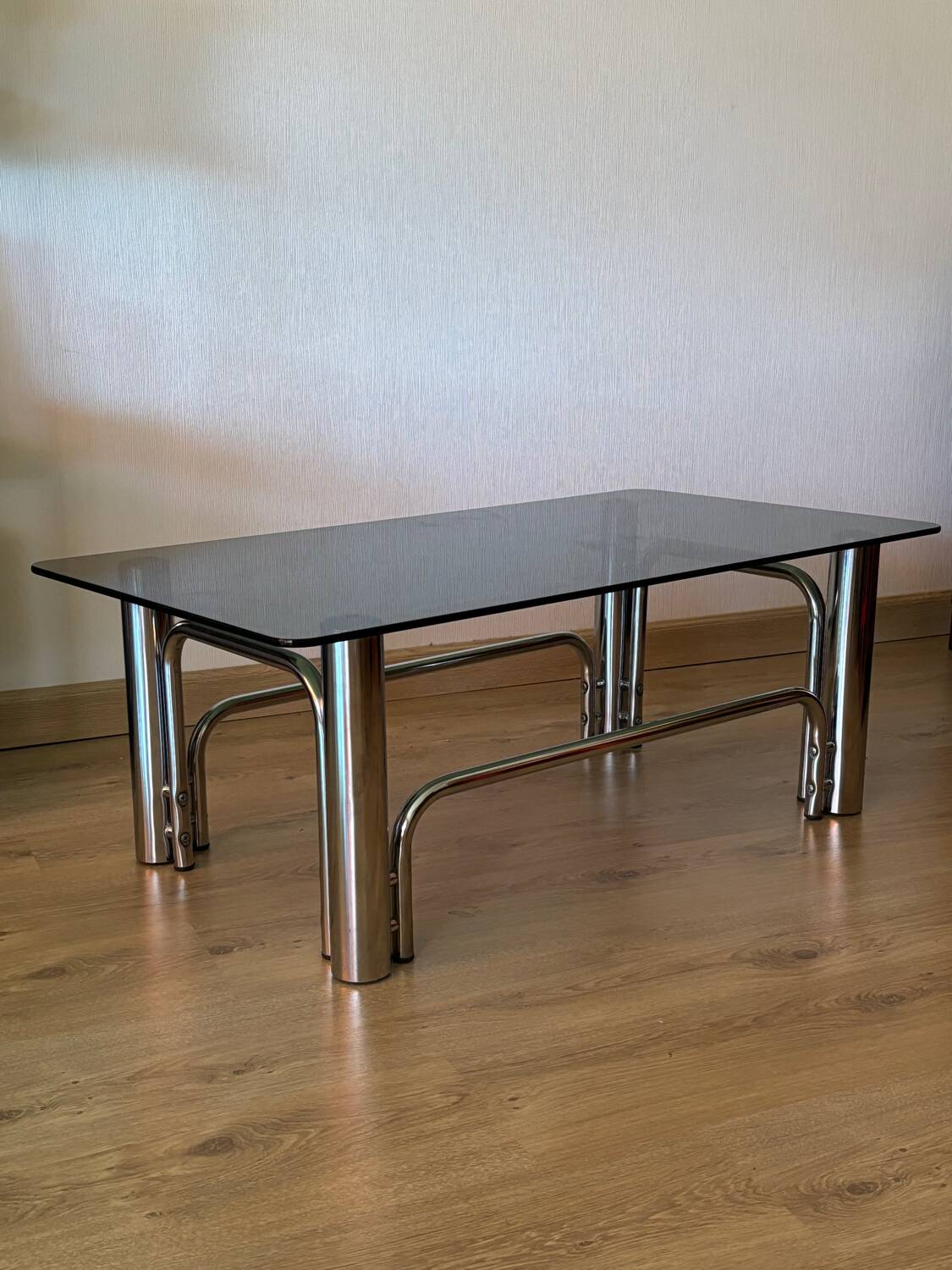 Vintage coffee table in chrome metal and smoked glass, 1970s