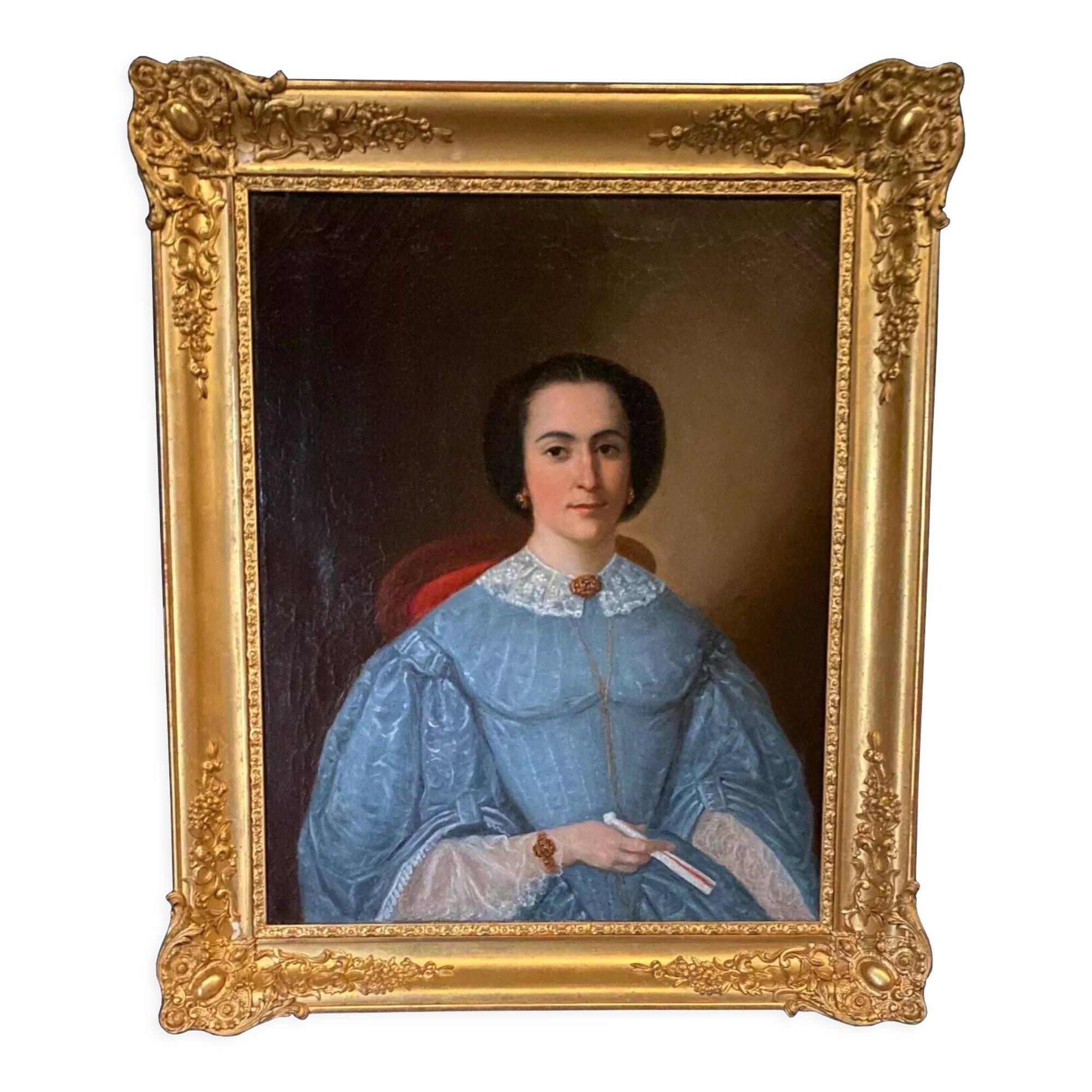 Huile sur toile Portrait de femme en robe bleue et éventail Milieu XIXe
