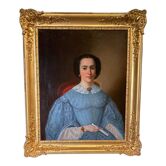 Huile sur toile Portrait de femme en robe bleue et éventail Milieu XIXe