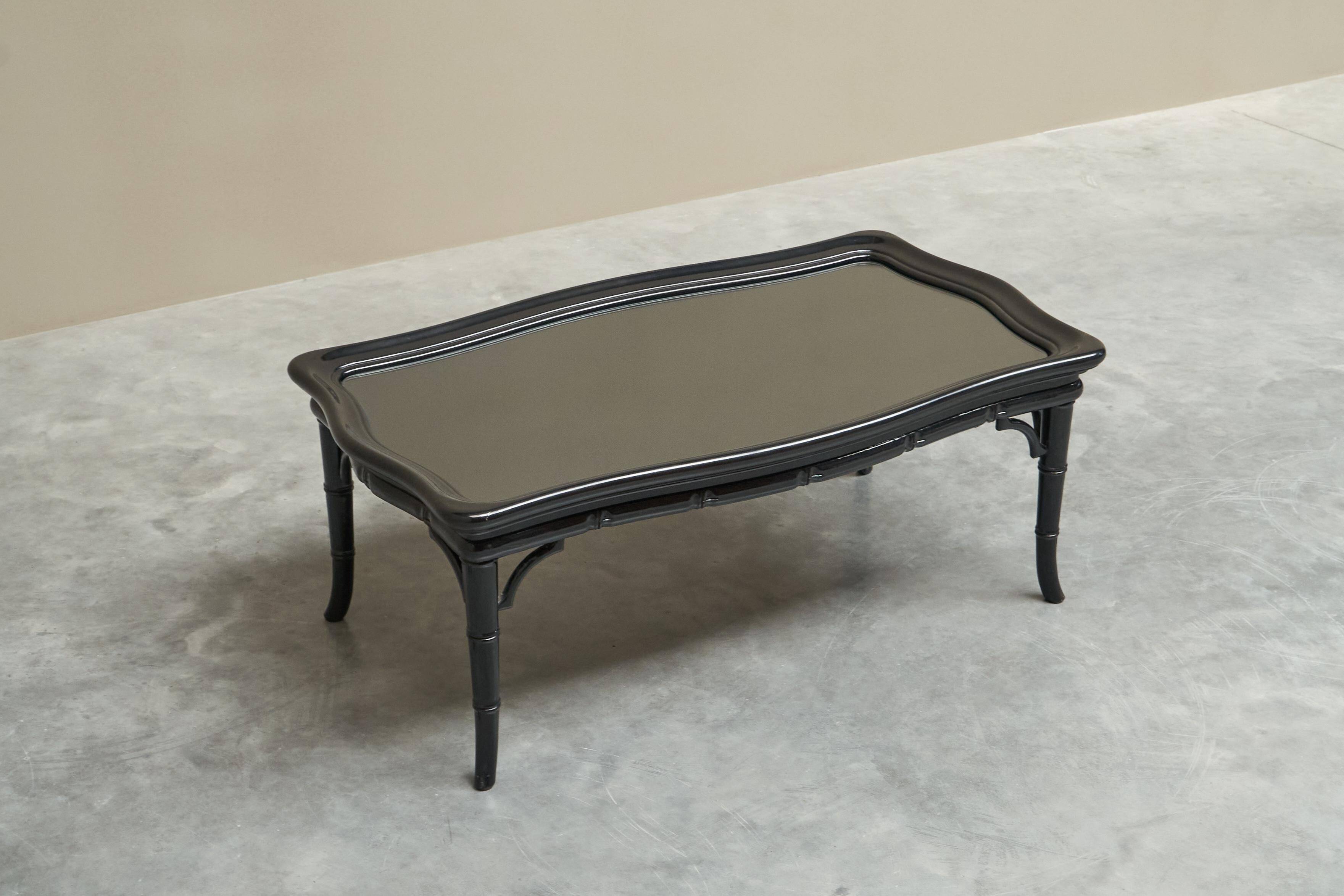 Coffee table in artificial bamboo, black lacquered wood and glass, 1960s.