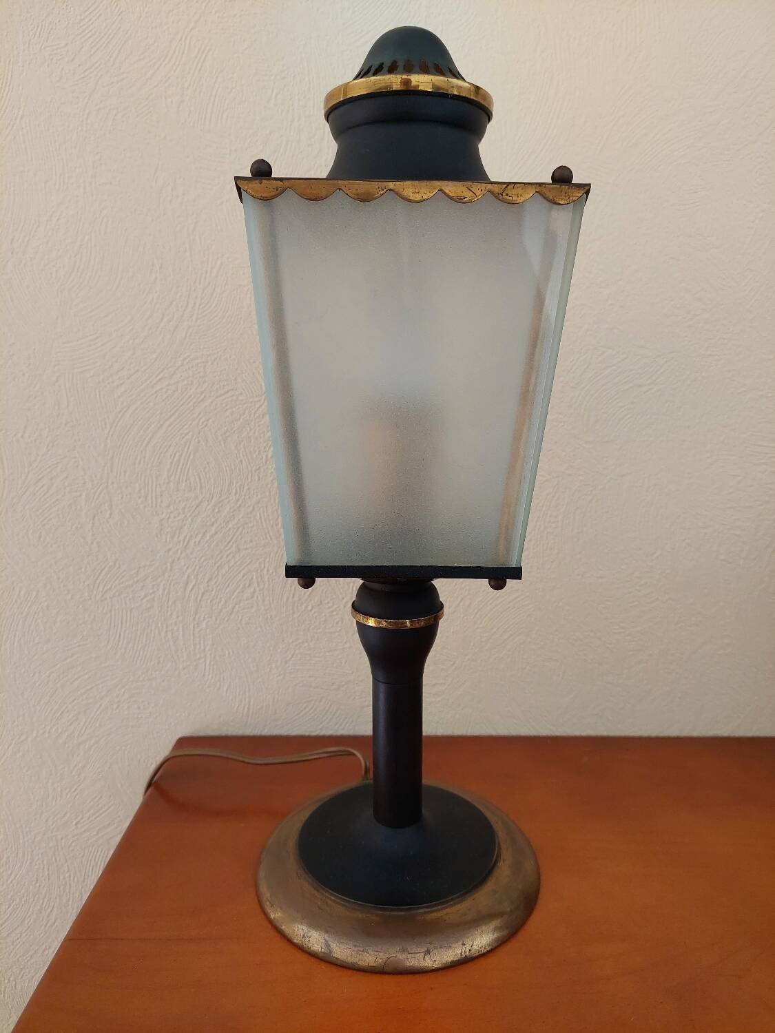 Arlus lamp in black metal, brass and glass circa 1950