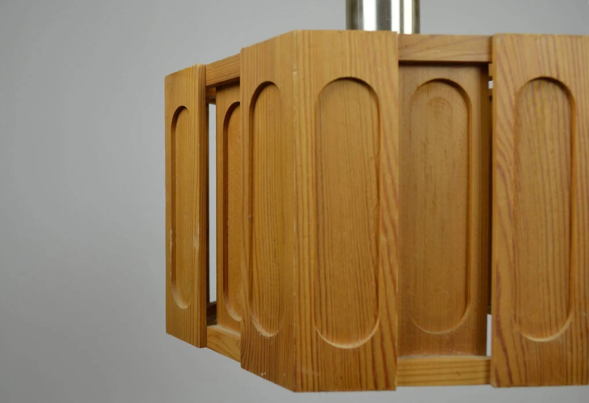Hexagonal Architectural Pine Pendant Lamp, Sweden, 1970s