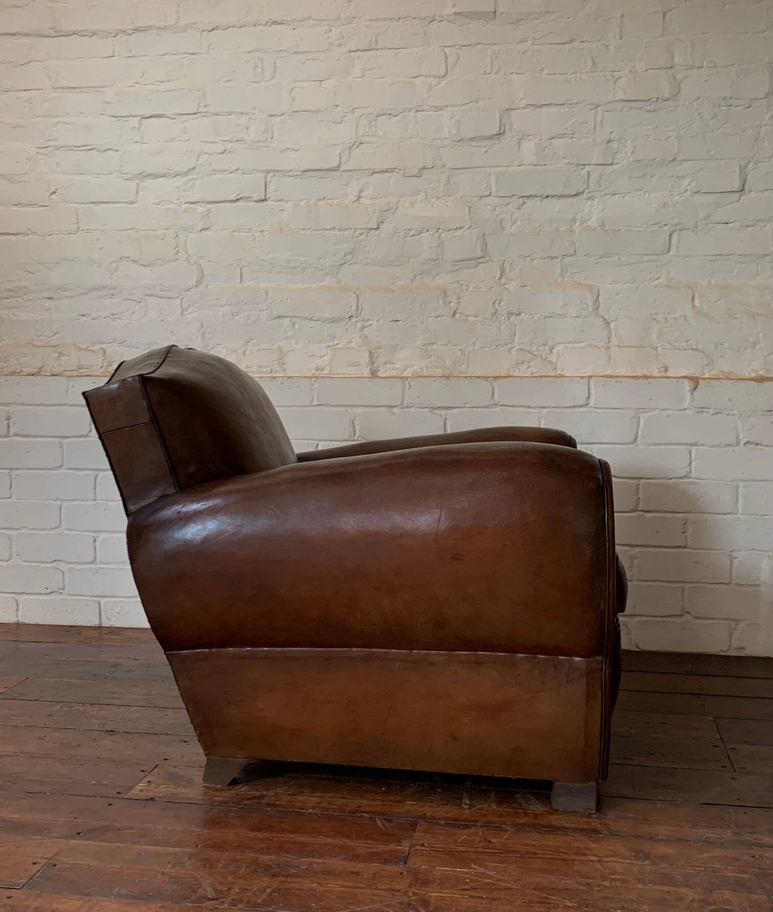 French Leather Club Chair, Havana Mustache Model, with Cuban Cigar Arms, Circa 1930's