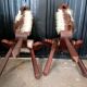 Pair of brutalist tripod chairs in wood and cowhide