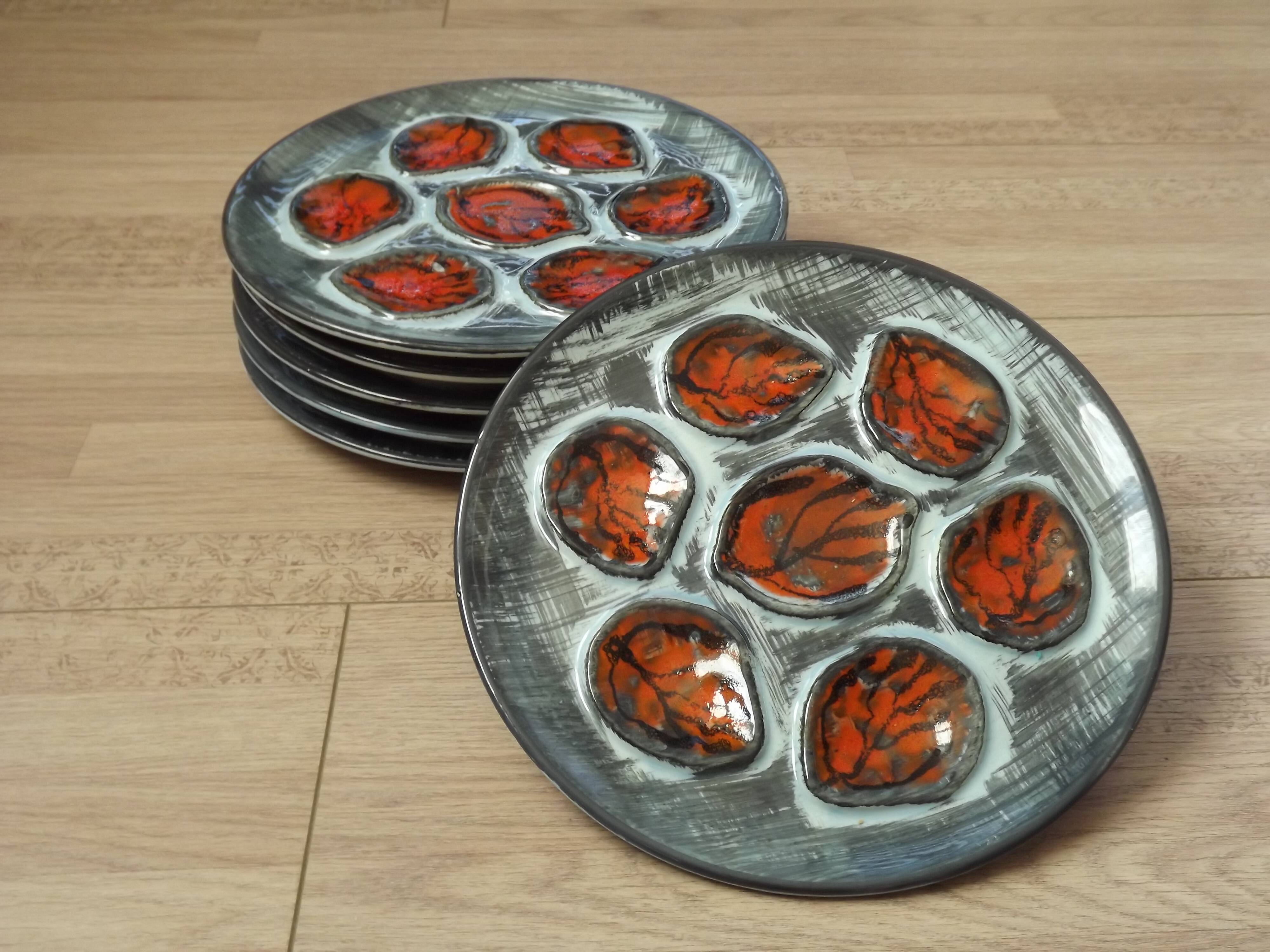 Set of 6 Vintage French Blue Grey & Orange Hand Painted Pordic 6 Serving Oyster Plates 4973