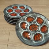 Set of 6 Vintage French Blue Gray & Orange Hand Painted Pordic 6 Serving Oyster Plates 4973