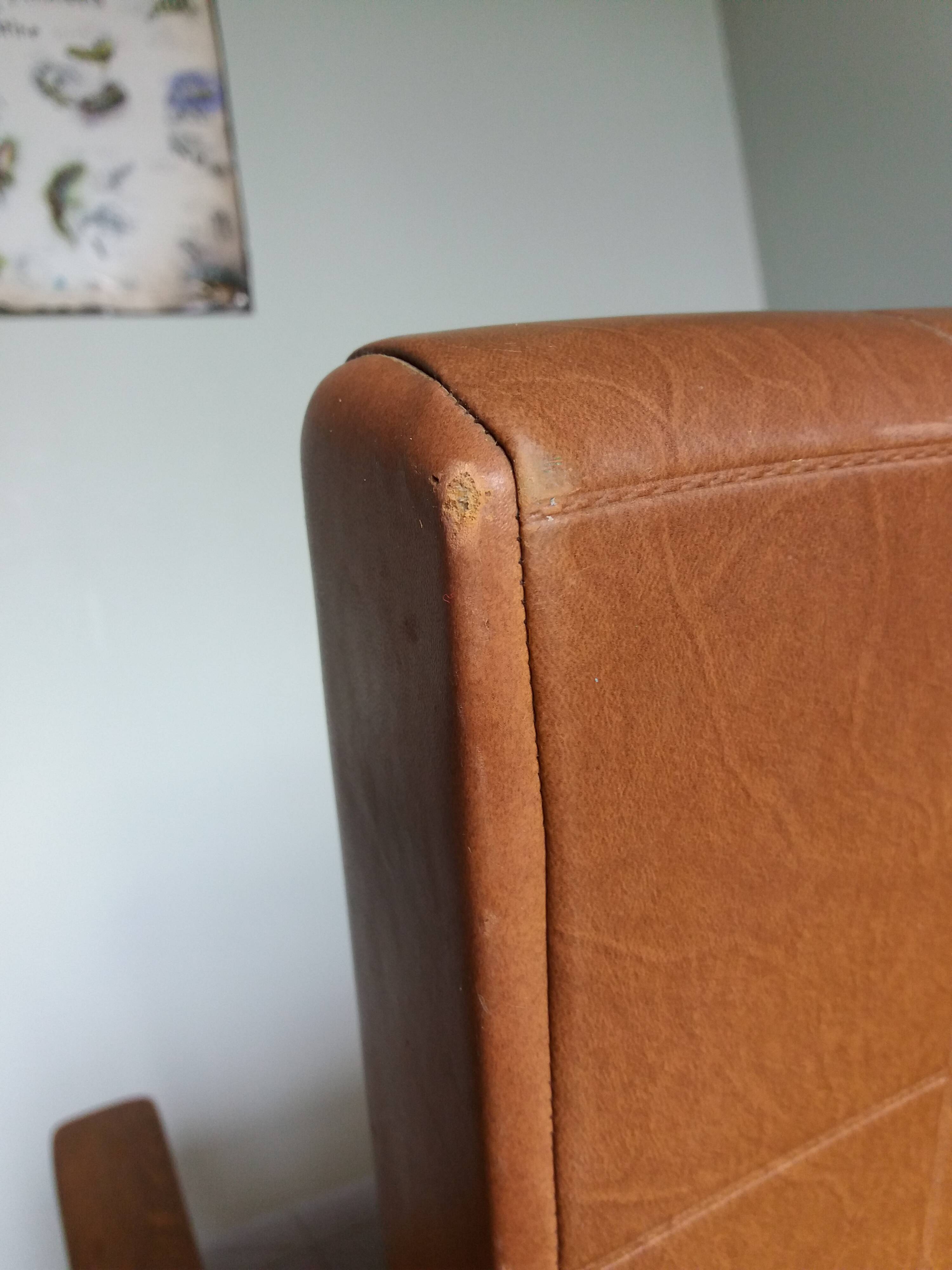 Scandinavian brown skai and wood armchair