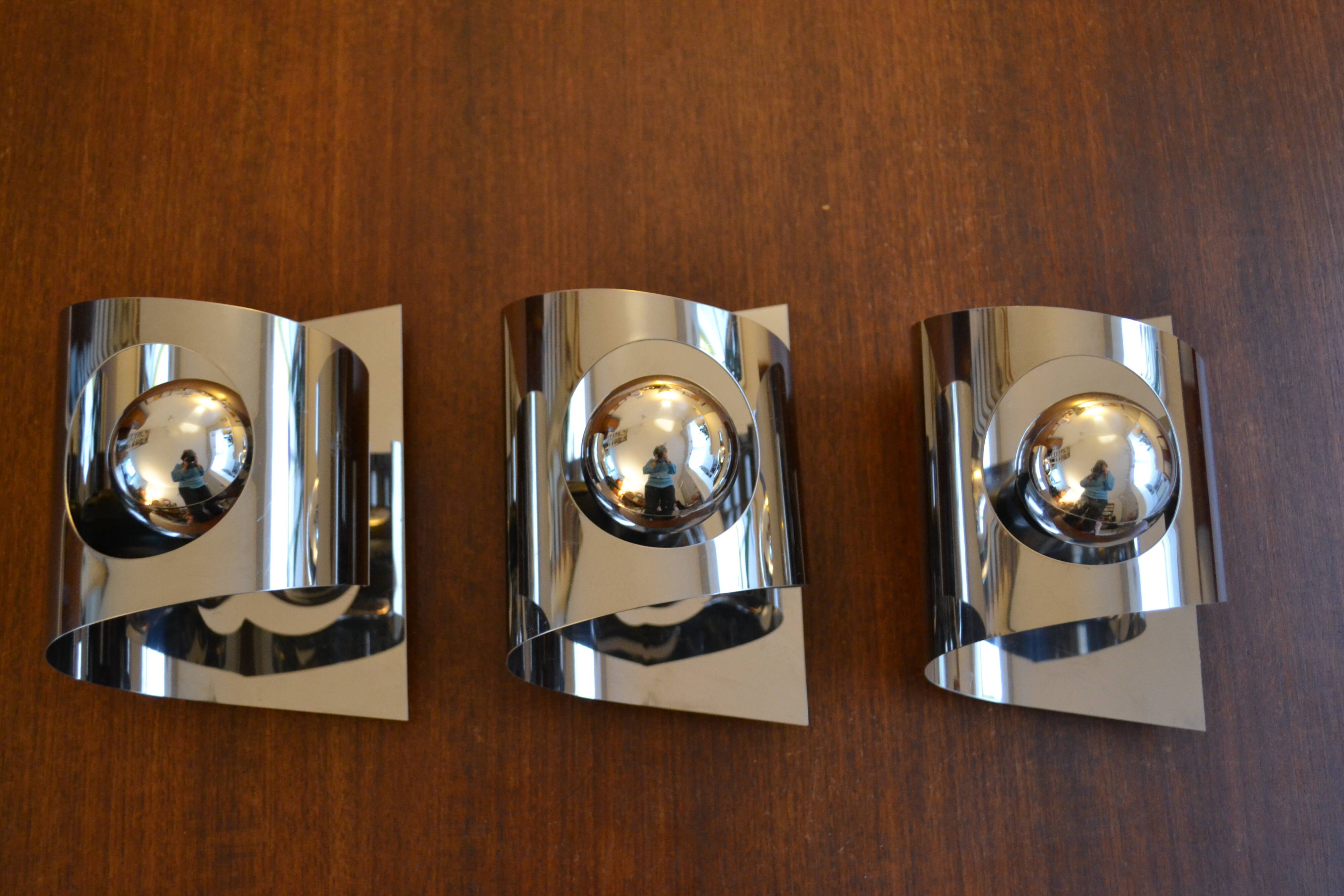 3 70s chrome metal wall lights