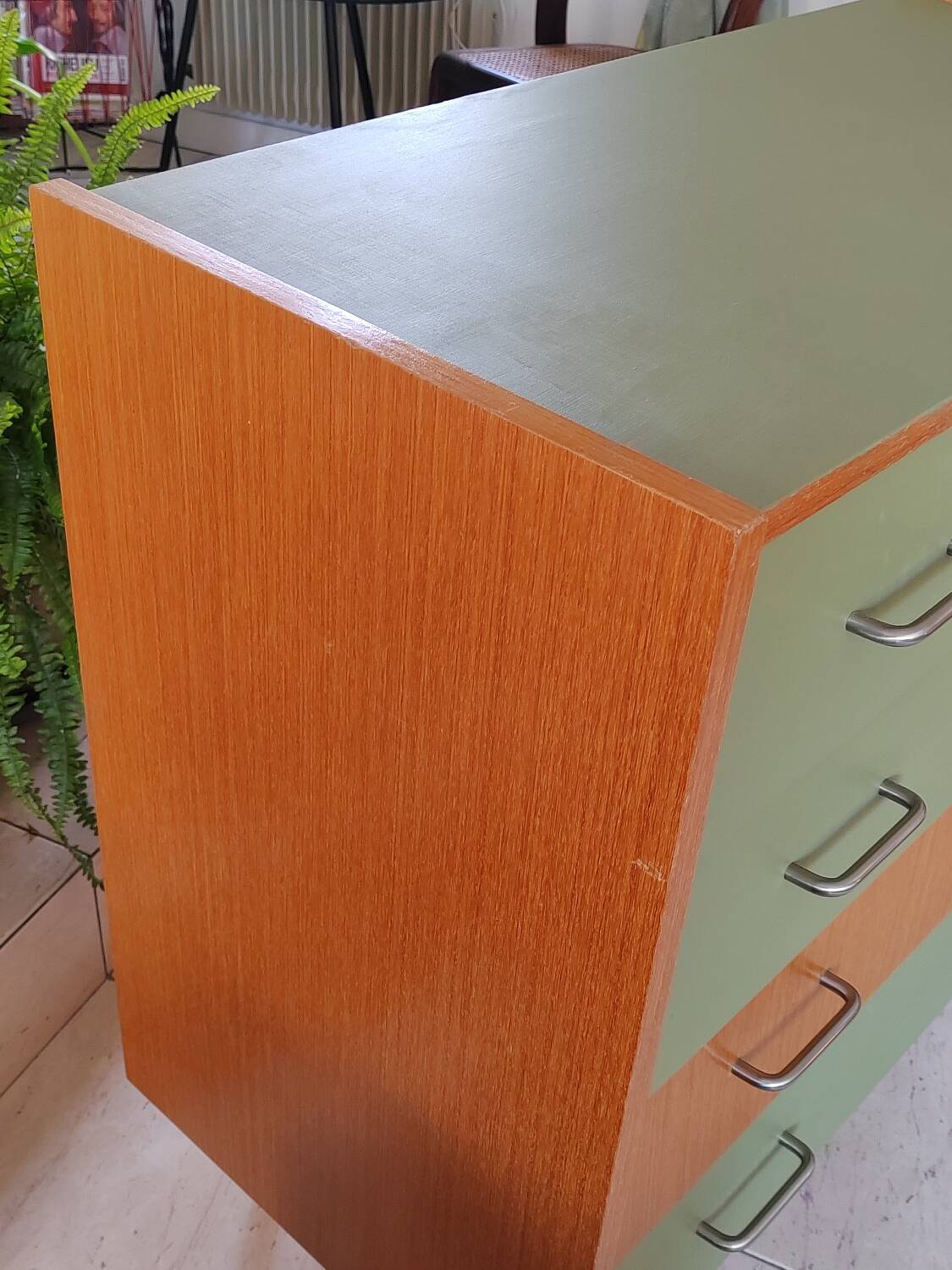 Vintage commode refurbished with tapered legs.