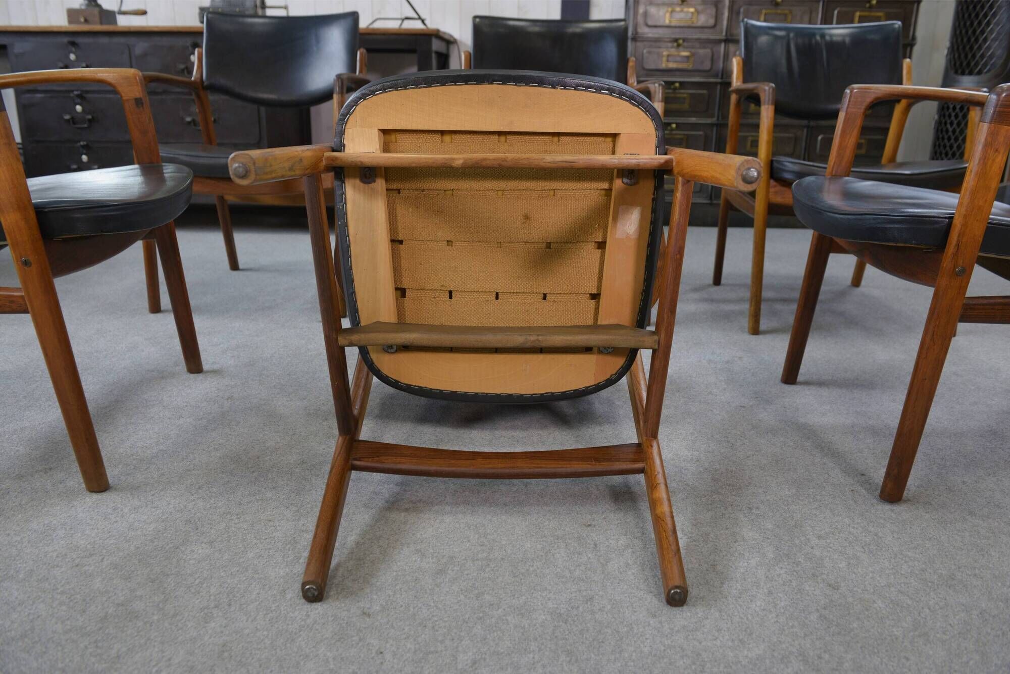Set of 6 Scandinavian armchairs in leather and rosewood by Gondo Gravesen for Atelier Bondo Gravesen Snedkerier 1960s.