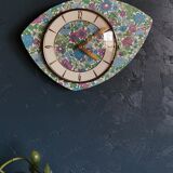 Vintage formica clock asymmetrical silent wall clock "Fleurie bleu violet"