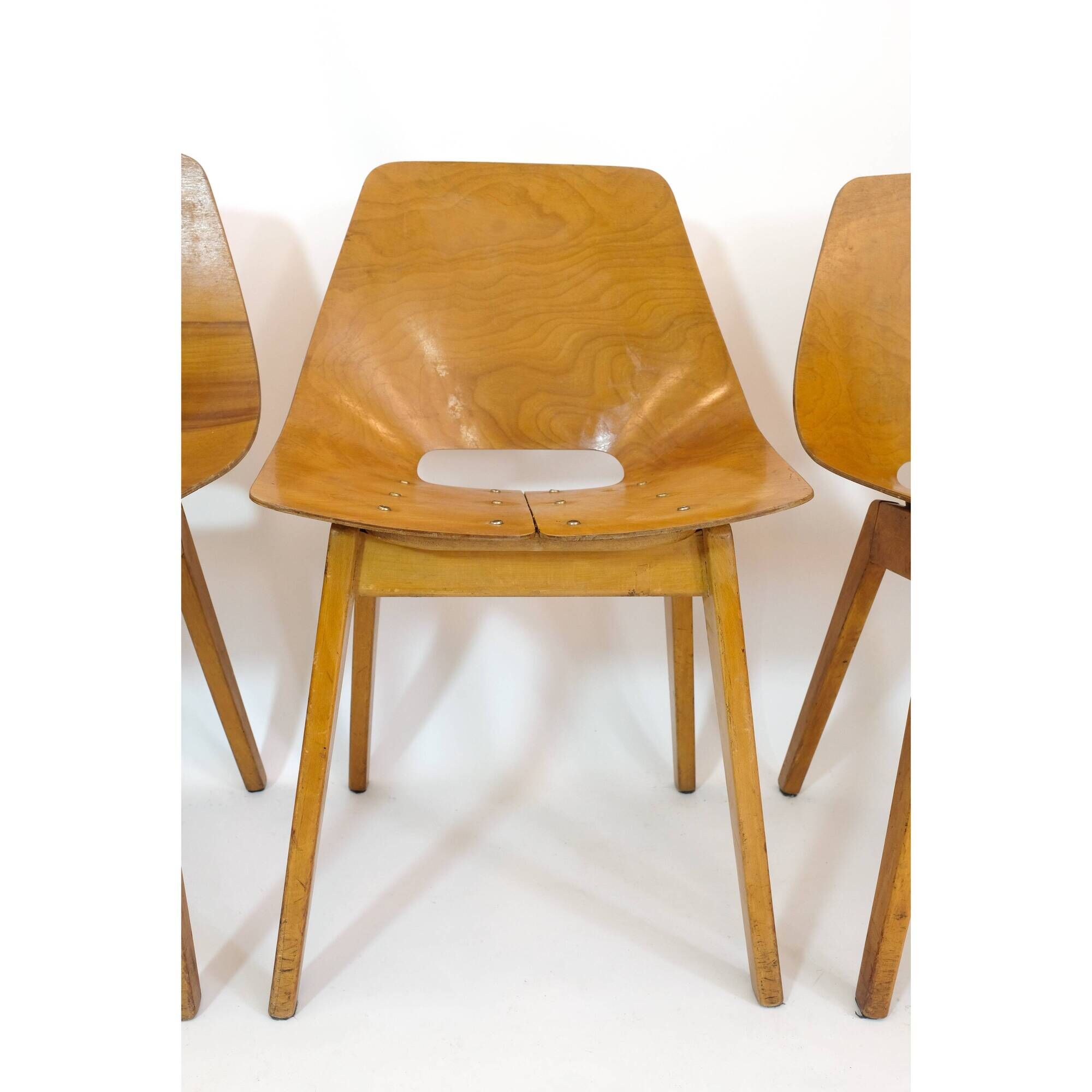 Set of 4 barrel chairs, wooden base, Pierre Guariche, Steiner, 1950s.