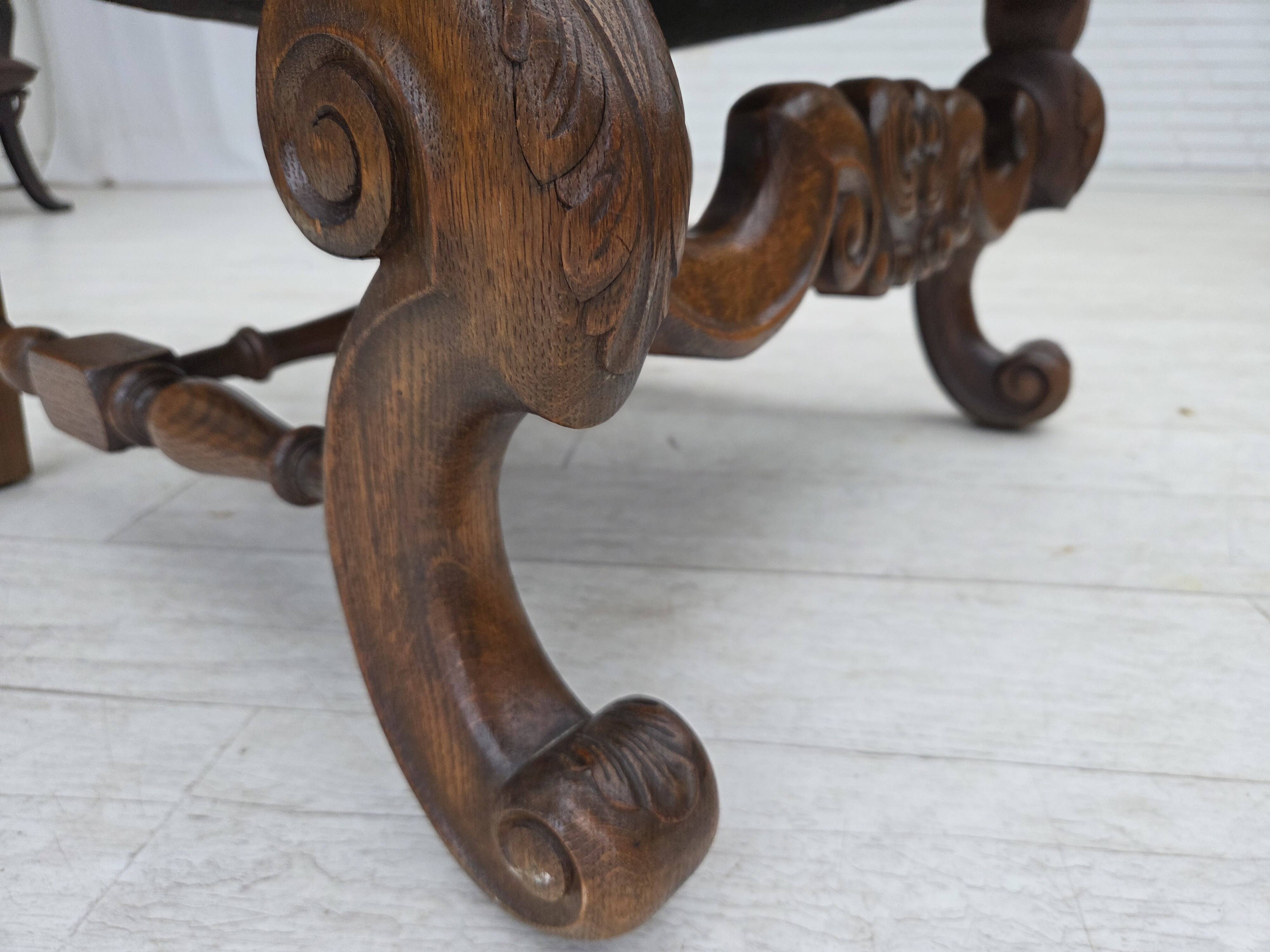 1950s, Scandinavian highback armchair, furniture fabric, oak wood.