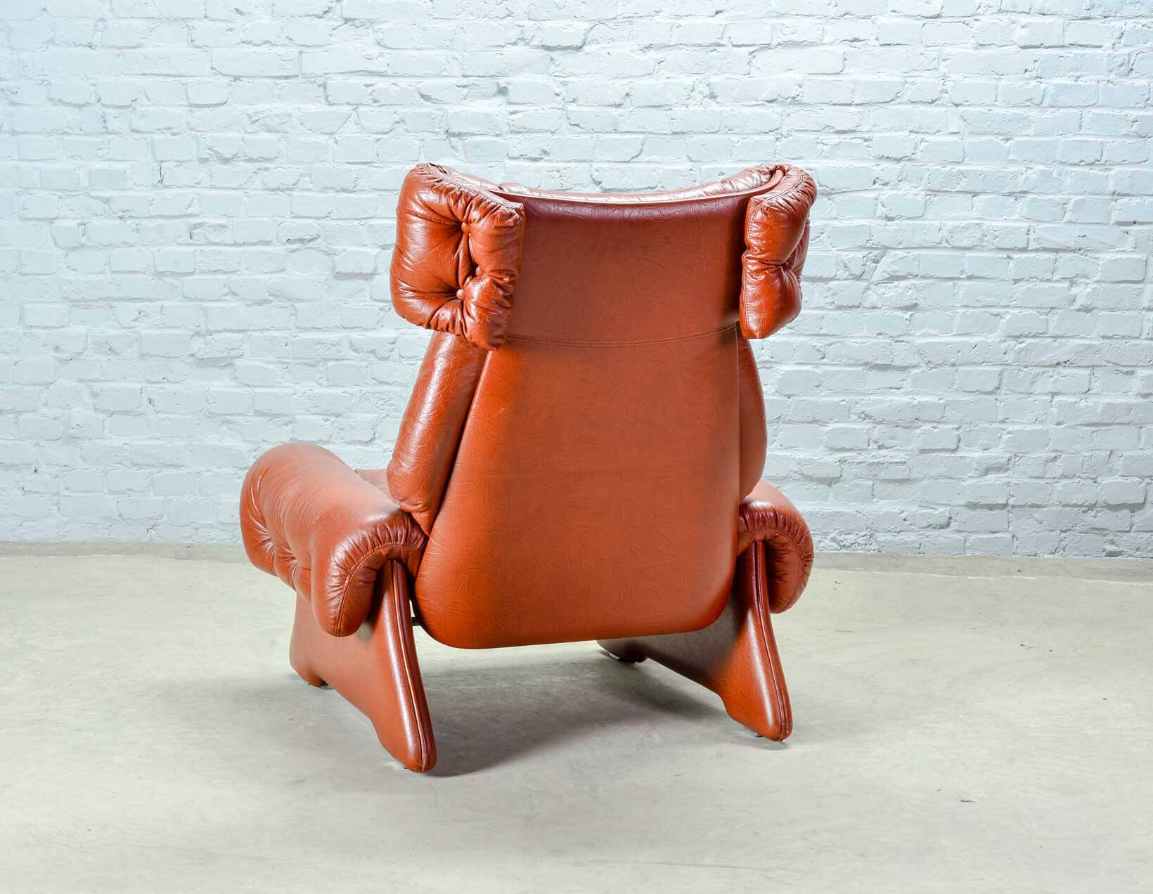 Brutalist Sculptured Brazilian Style Cognac Leather Lounge Chair, 1970s