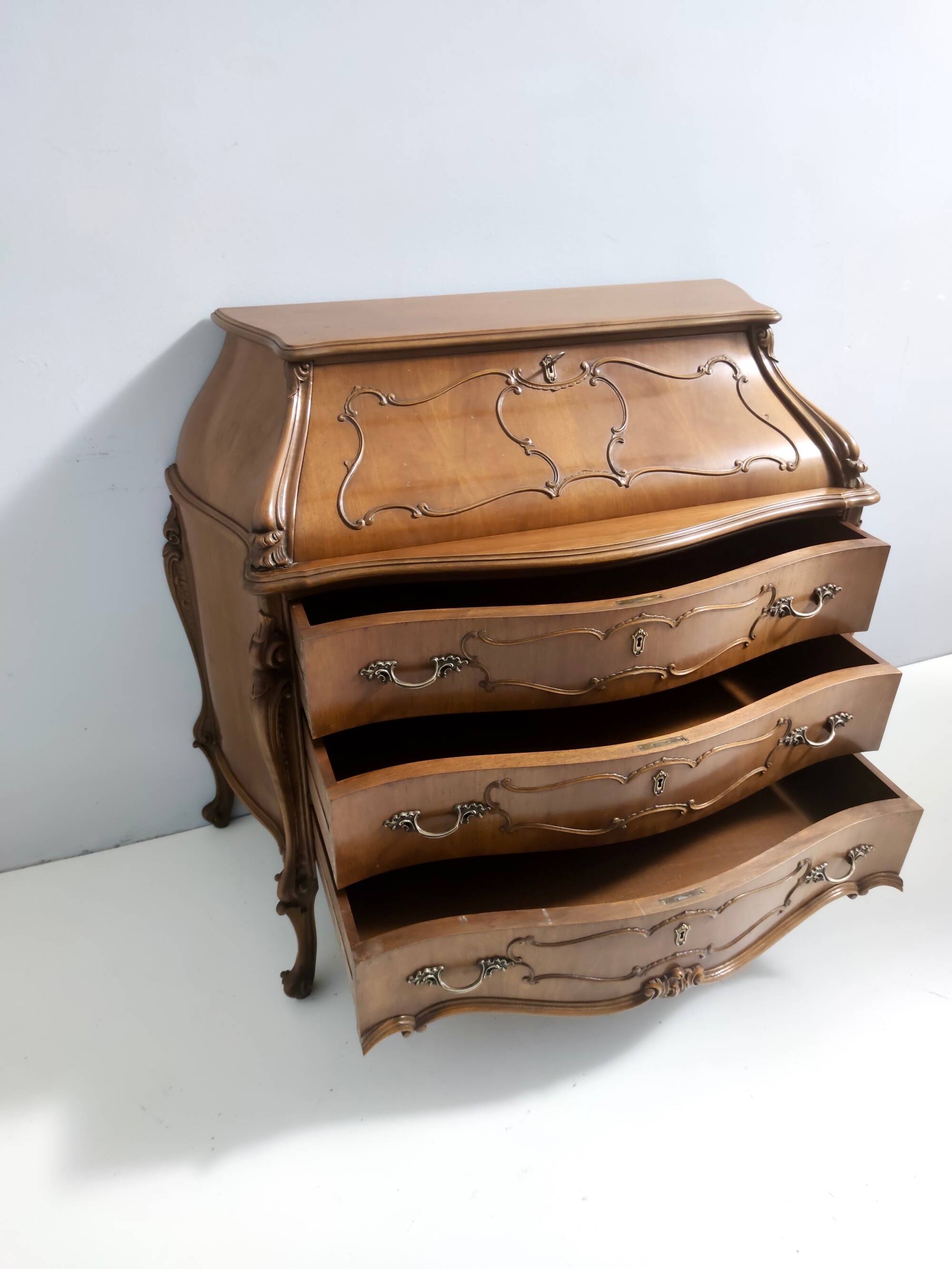 Vintage Baroque Solid Walnut Dresser with Inlaid Designs, Italy