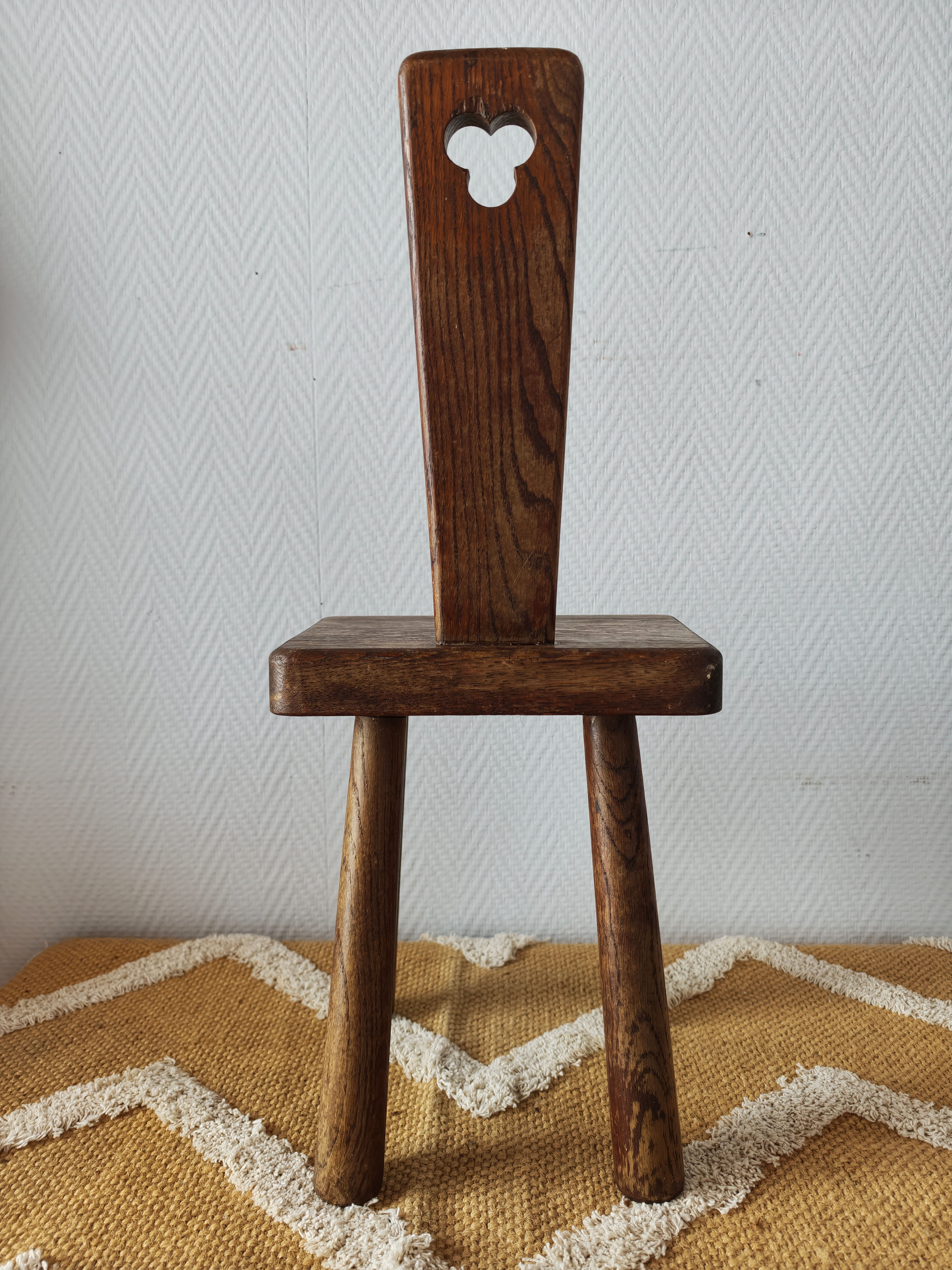 Brutalist stool with backrest in solid oak, origin Netherlands