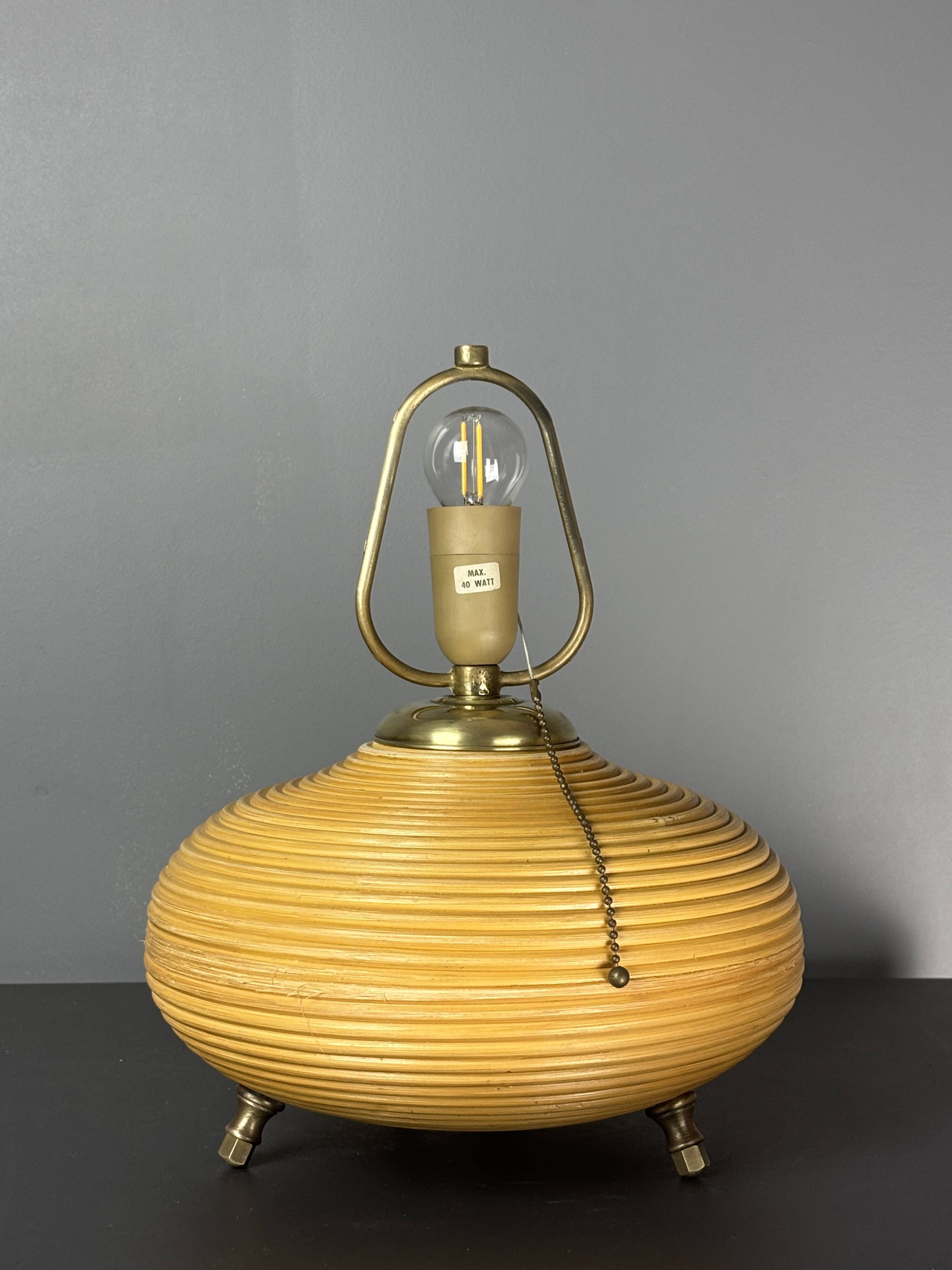 Pencil Reed Rattan Bamboo and Brass Mushroom Table Lamp, Italy, 1970s