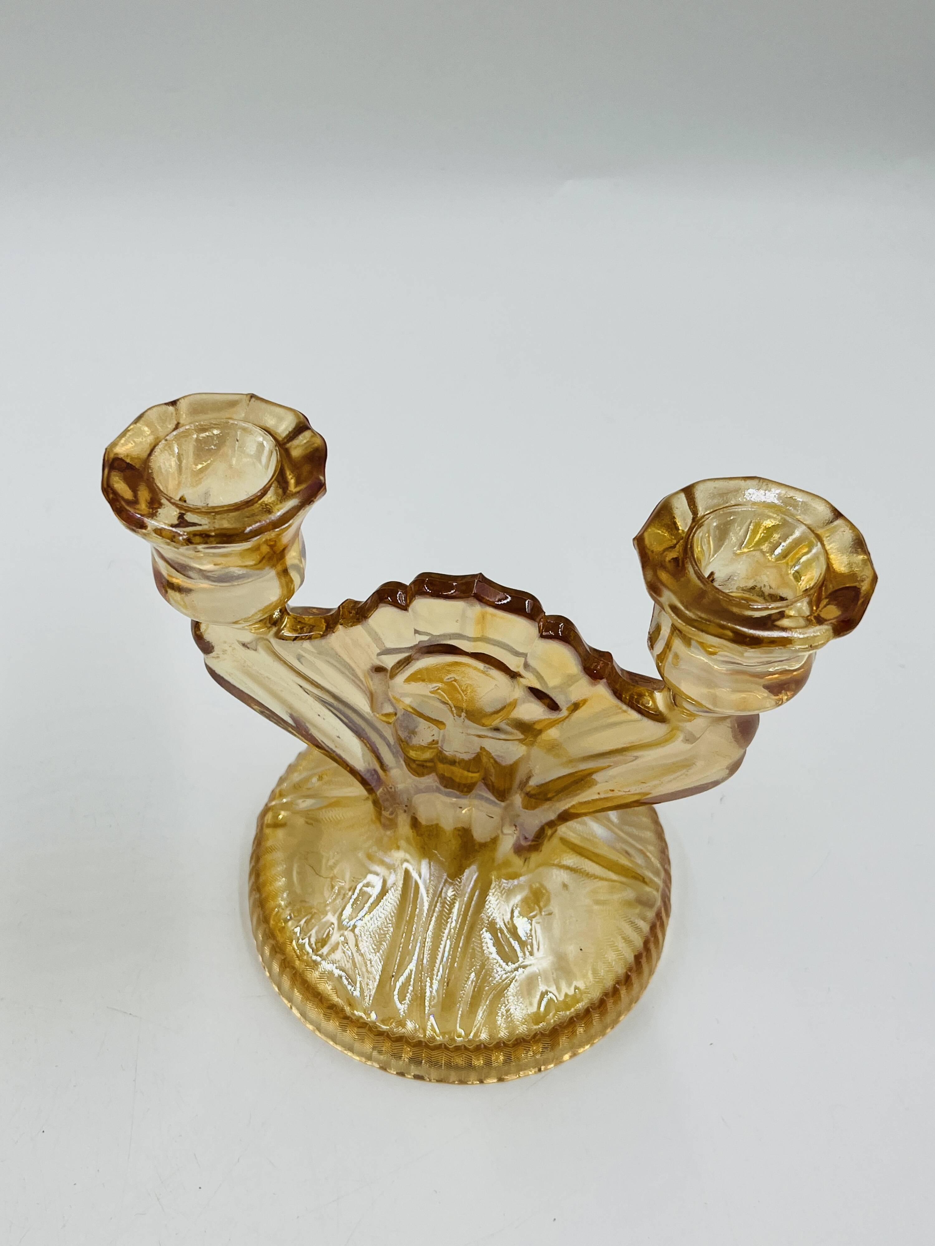 Pair of Empoli amber glass chandeliers in Art Deco style