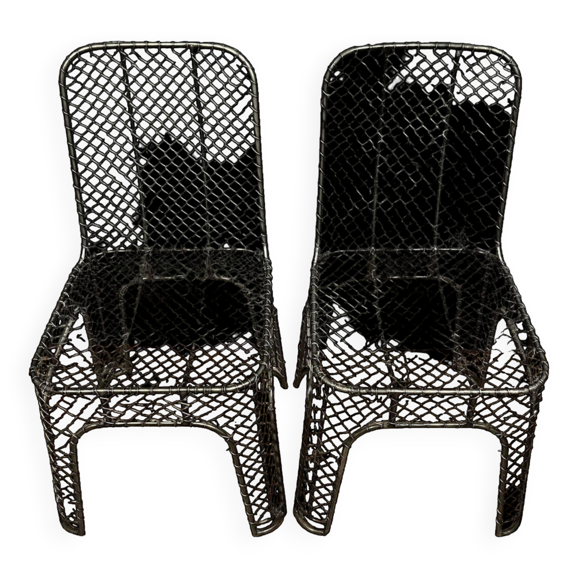 Pair of industrial design chairs in woven iron circa 1980