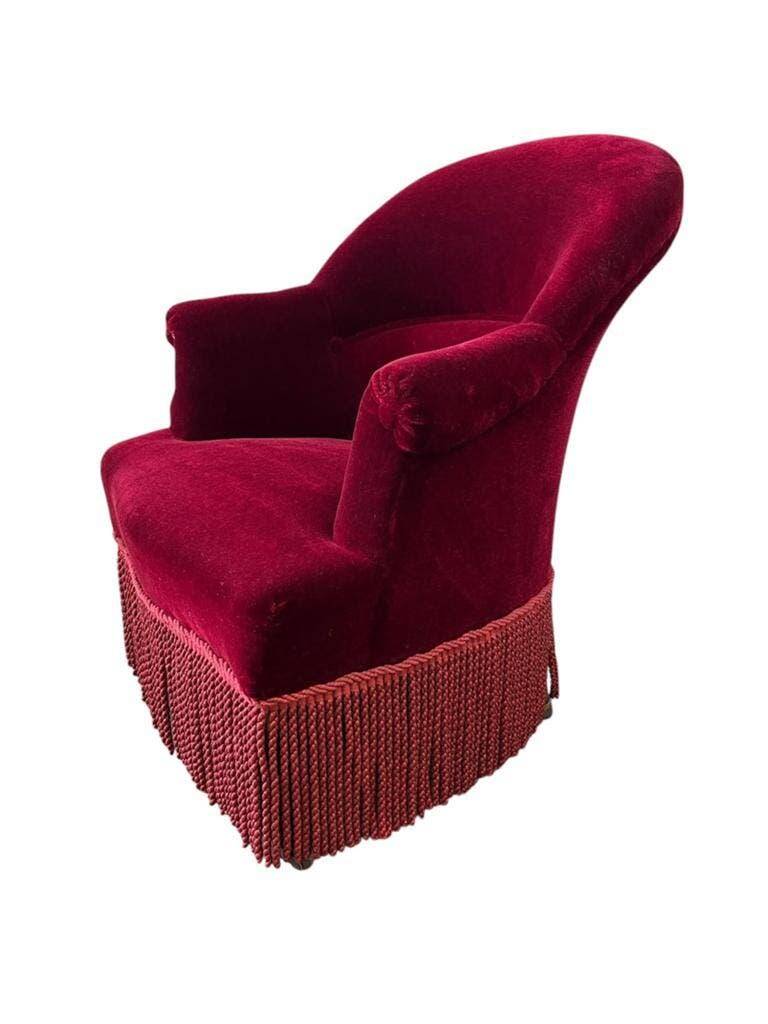 Vintage burgundy armchair / single armchair / fringed armchair