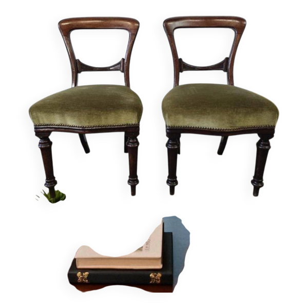 Ensemble de 2 chaises victoriennes à dossier ballon avec assises vertes